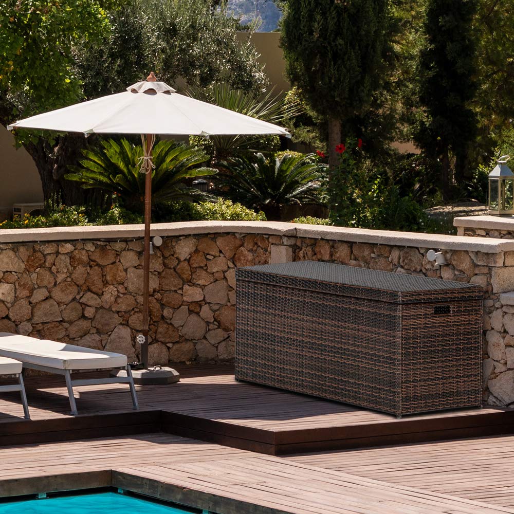 HomVent 132-Gallon Outdoor Wicker Patio Storage Box with Lid - Rattan Pool Deck Storage Bench for Garden, Backyard, and Poolside - Waterproof Deck Box for Cushions, Toys & Outdoor Gear (Brown) - Perfect for Patio, Pool Area & Garden Storage Organization