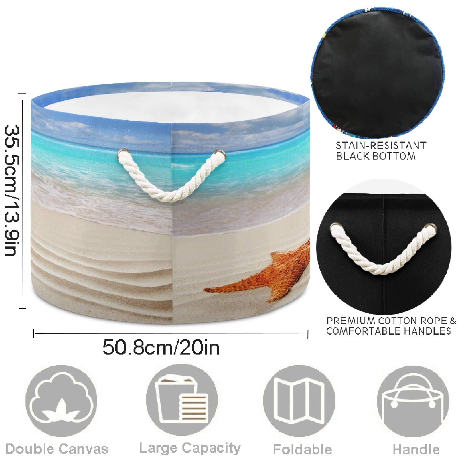 Visesunny Caribbean Starfish Storage Basket - Wavy White Sand Beach Design, Canvas Fabric Toy Organizer Bin for Kids Room, Playroom, Shelves | Perfect for Nursery, Laundry & Home Organization