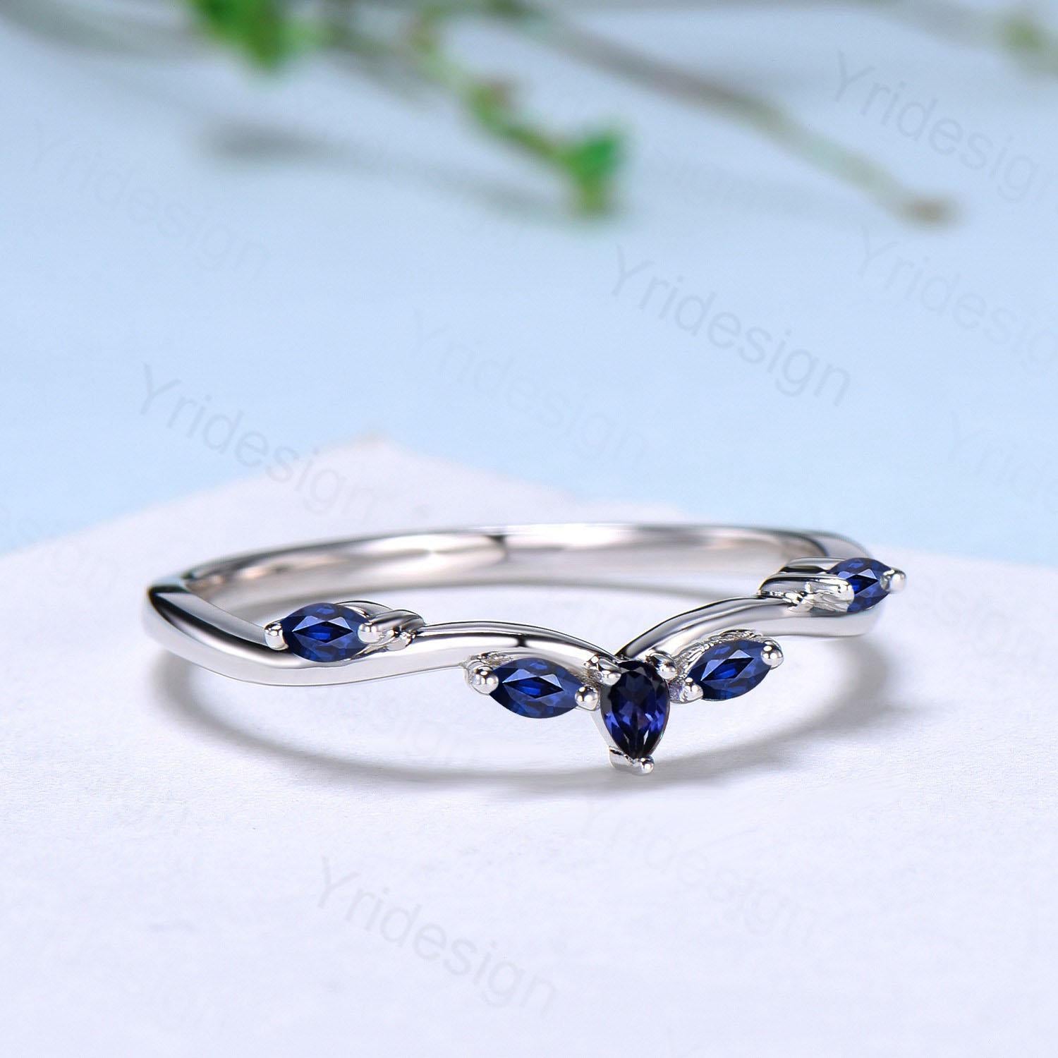 Pear & Marquise Cut Blue Sapphire Wedding Band - Stackable Curved Ring, Dainty Bridal Promise Ring for Women | Perfect for Stacking, Engagement, Anniversary & Everyday Wear