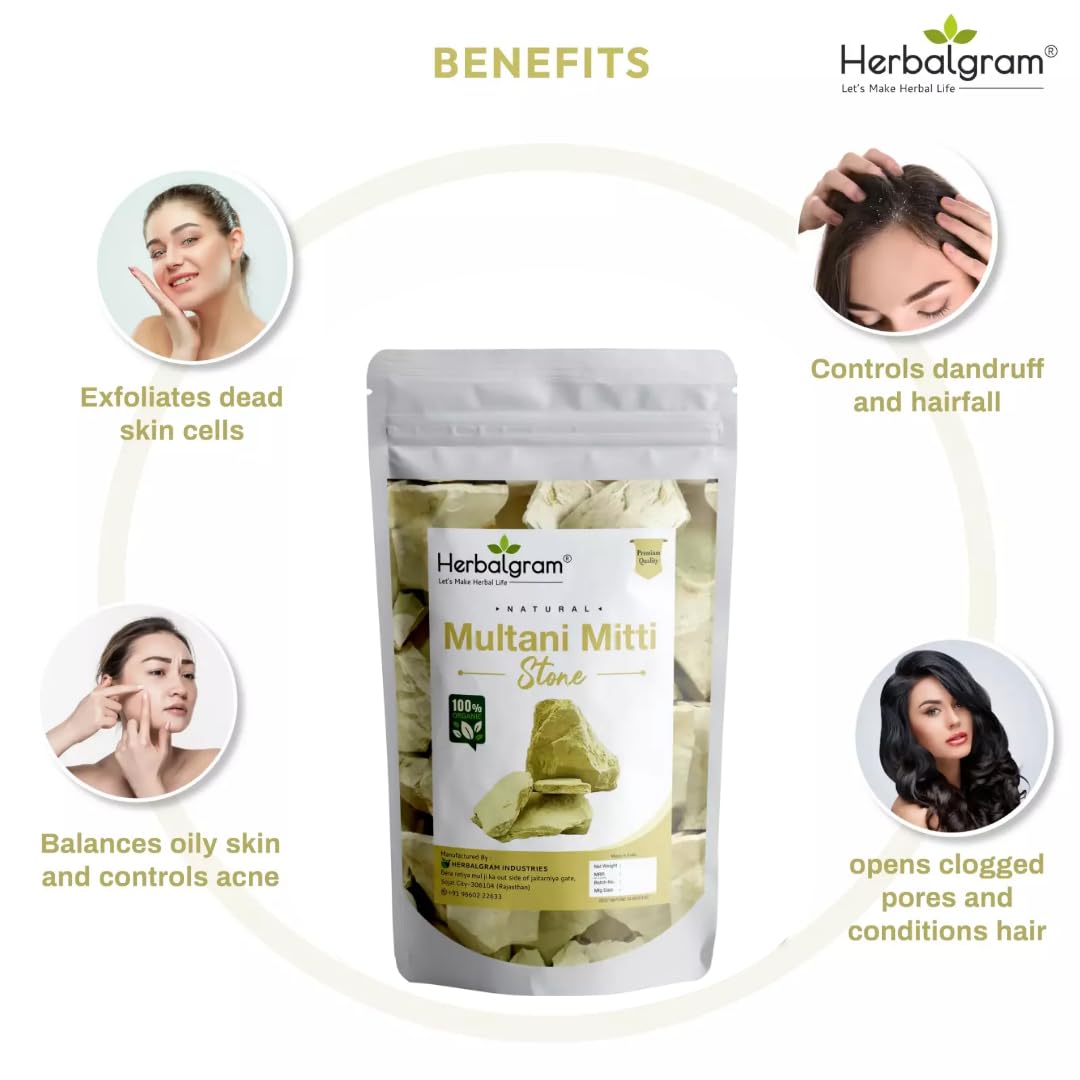 Herbalgram Natural Multani Mitti Stone Fuller's Earth & Calcium Bentonite Clay - 300g Face & Hair Mask for Acne, Blackheads & Scalp Detox | Organic Skin Care & Hair Treatment for Glowing Skin & Healthy Hair