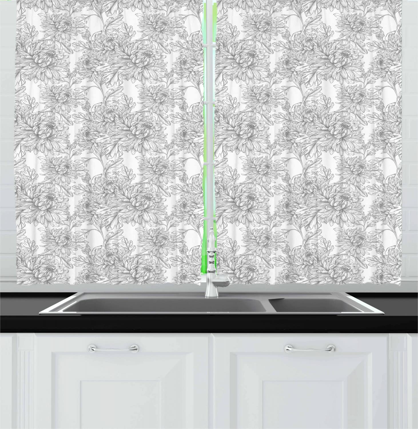 Vintage Chrysanthemum Floral Kitchen Curtains - Soft Grey & White Botanical Drapes with Rod Pocket, 55