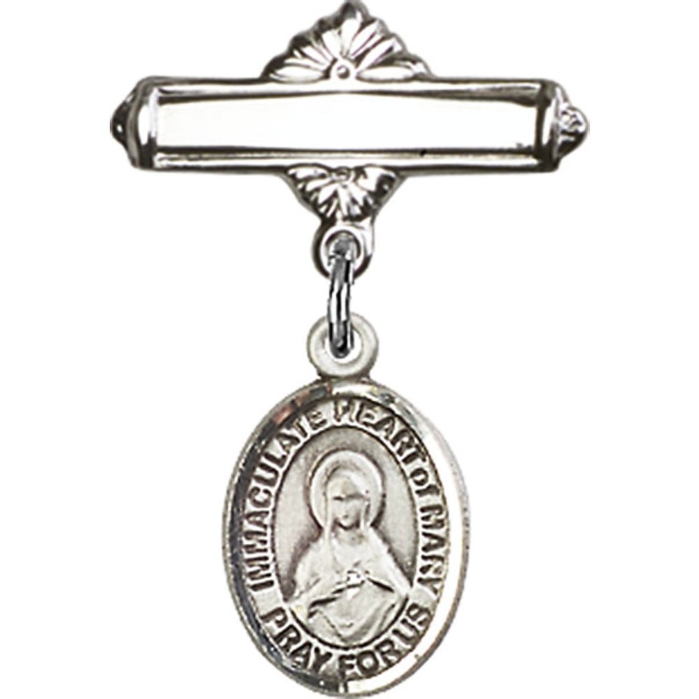 1 X 5/8 Inch Sterling Silver Baby Badge with Immaculate Heart of Mary Charm & Polished Pin - Perfect for Christening Gifts, Baby Blessings & Religious Jewelry Collections