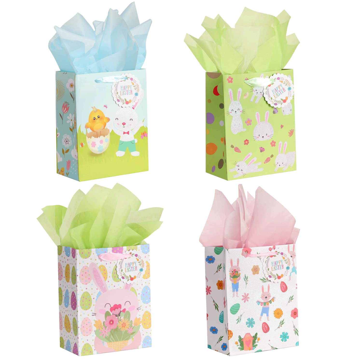 12-Piece Easter Gift Bags Set with Tissue Paper & Tags - Bunny-Themed Treat Bags with Handles for Easter Egg Hunt, Party Favors, and Gift Wrapping - Perfect for Kids' Easter Celebrations and Spring Gatherings (Multicolor)