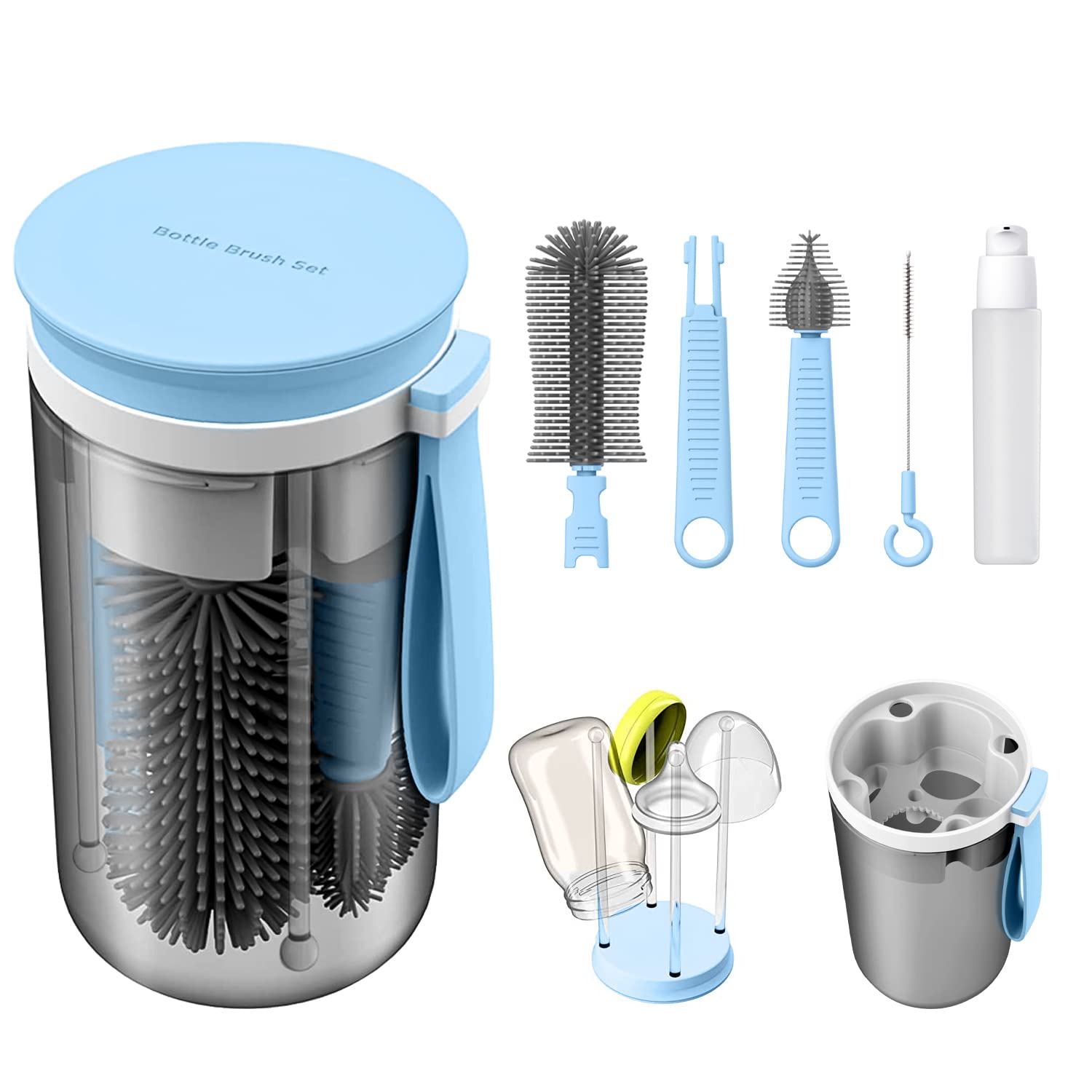 Premium Baby Bottle Cleaning Kit - Durable Silicone Bottle Brush, Nipple Brush, Drying Rack, Straw Cleaner & Soap Dispenser | Newborn Essentials for Travel & Home Use | Perfect for Breastfeeding Moms & Daycare