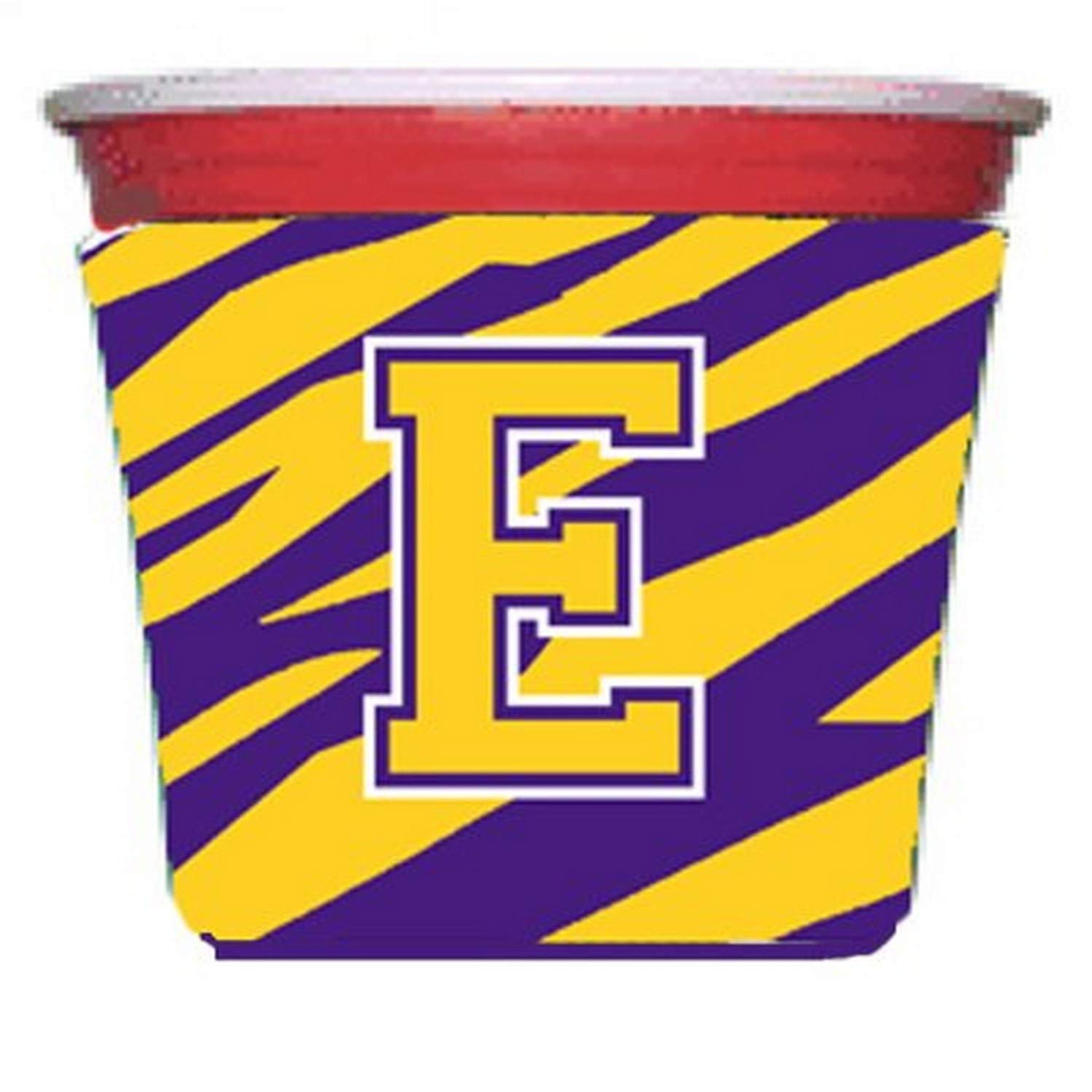 Purple & Gold Monogram Letter E Tiger Stripe Red Solo Cup Insulator - Personalized Beverage Hugger for Parties, BBQs & Tailgating