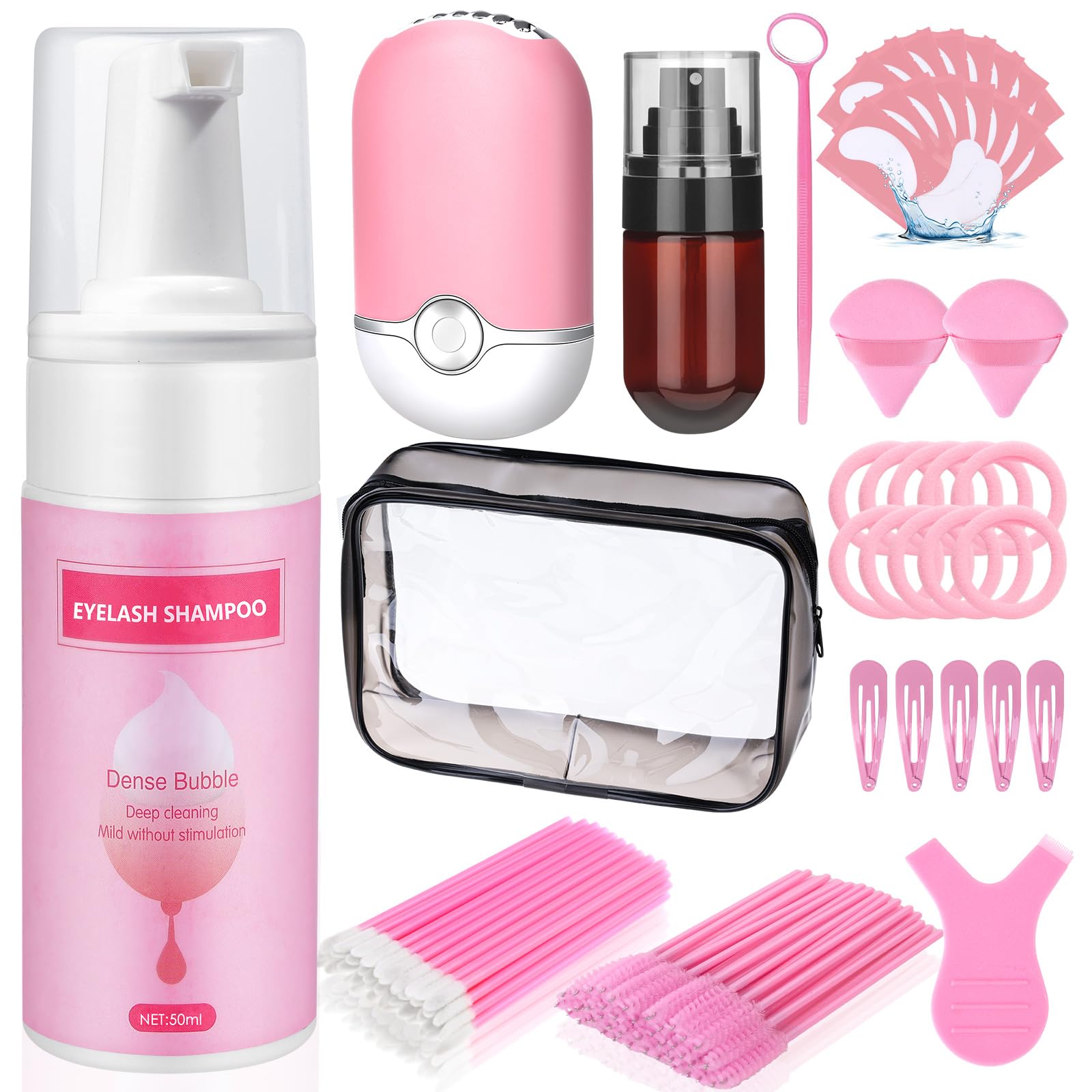 Gentle Mousse Lash Shampoo for Eyelash Extensions - Deep Cleaning Lash Wash with Brush & Makeup Bag - Salon & Home Use Lash Cleaning Kit - Perfect for Daily Care, Post-Extension Treatment & Travel Beauty Routine