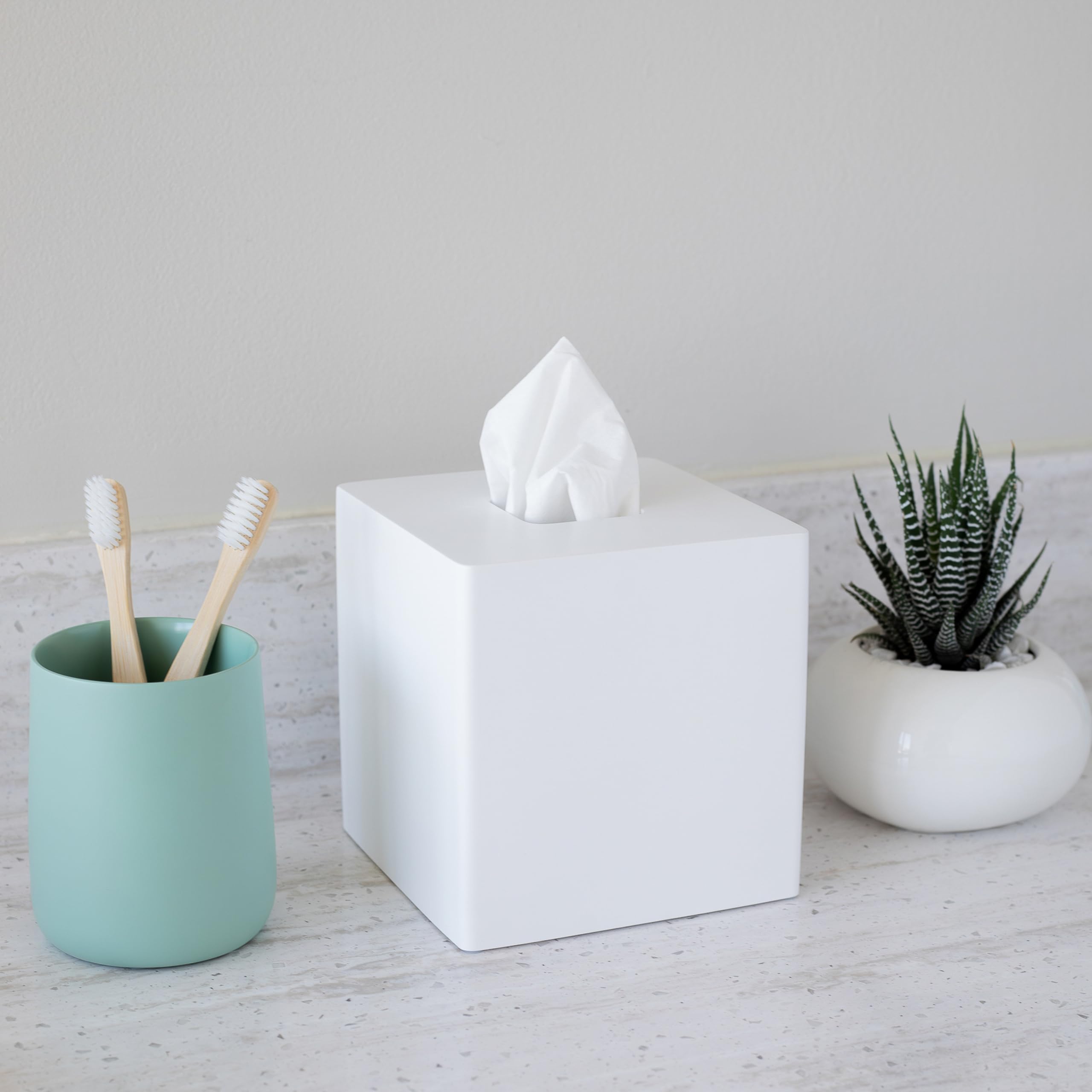 Matte White Square Tissue Box Cover - Decorative Tissue Box Holder for Bathroom, Living Room, Office & Bedroom | Stylish Vanity & Nightstand Organizer | Perfect for Car & Desk Use