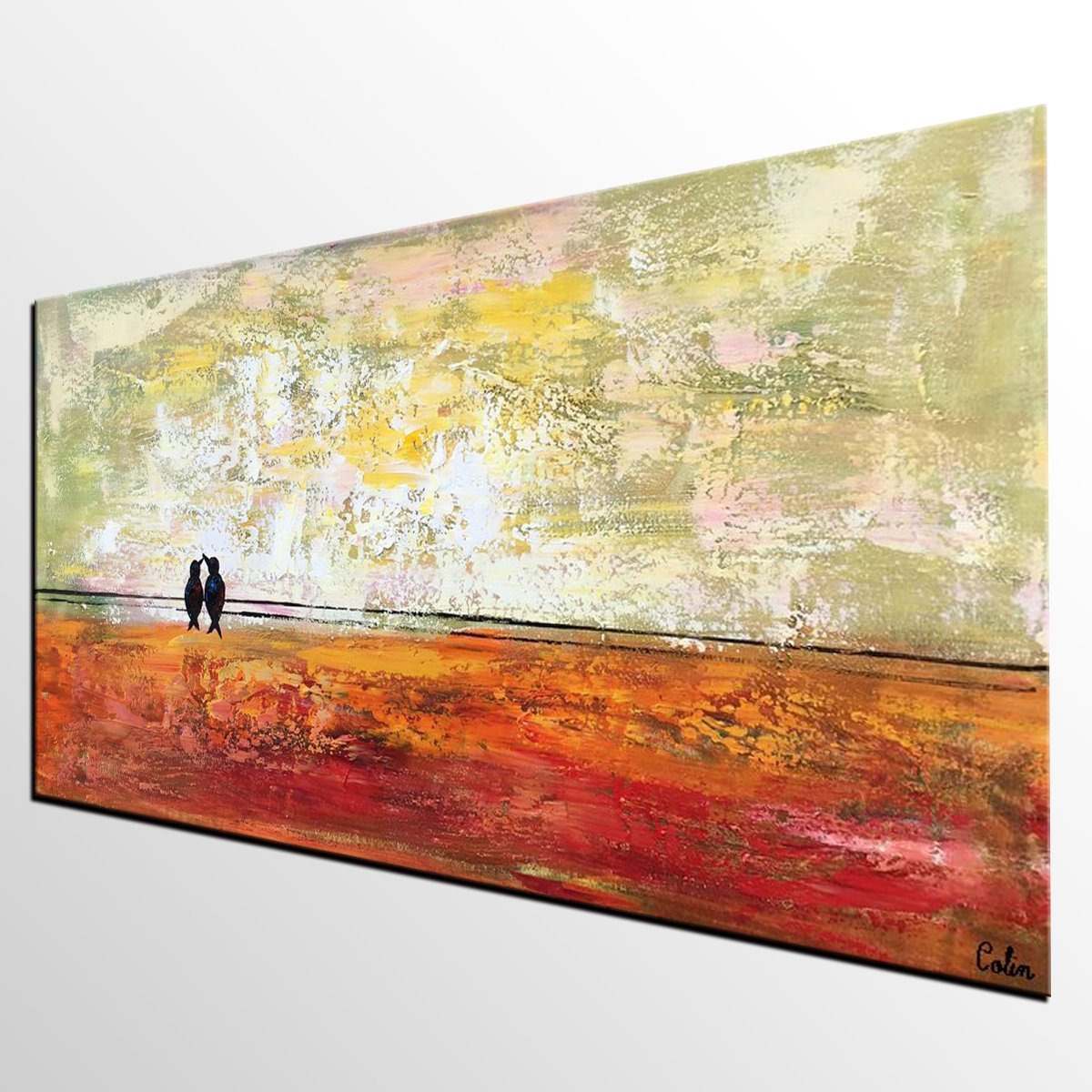 Bird at Wire Painting - Original Large Canvas Art, Modern Simple Love Birds Wall Decor - Perfect Anniversary Gift for Home & Office Decoration