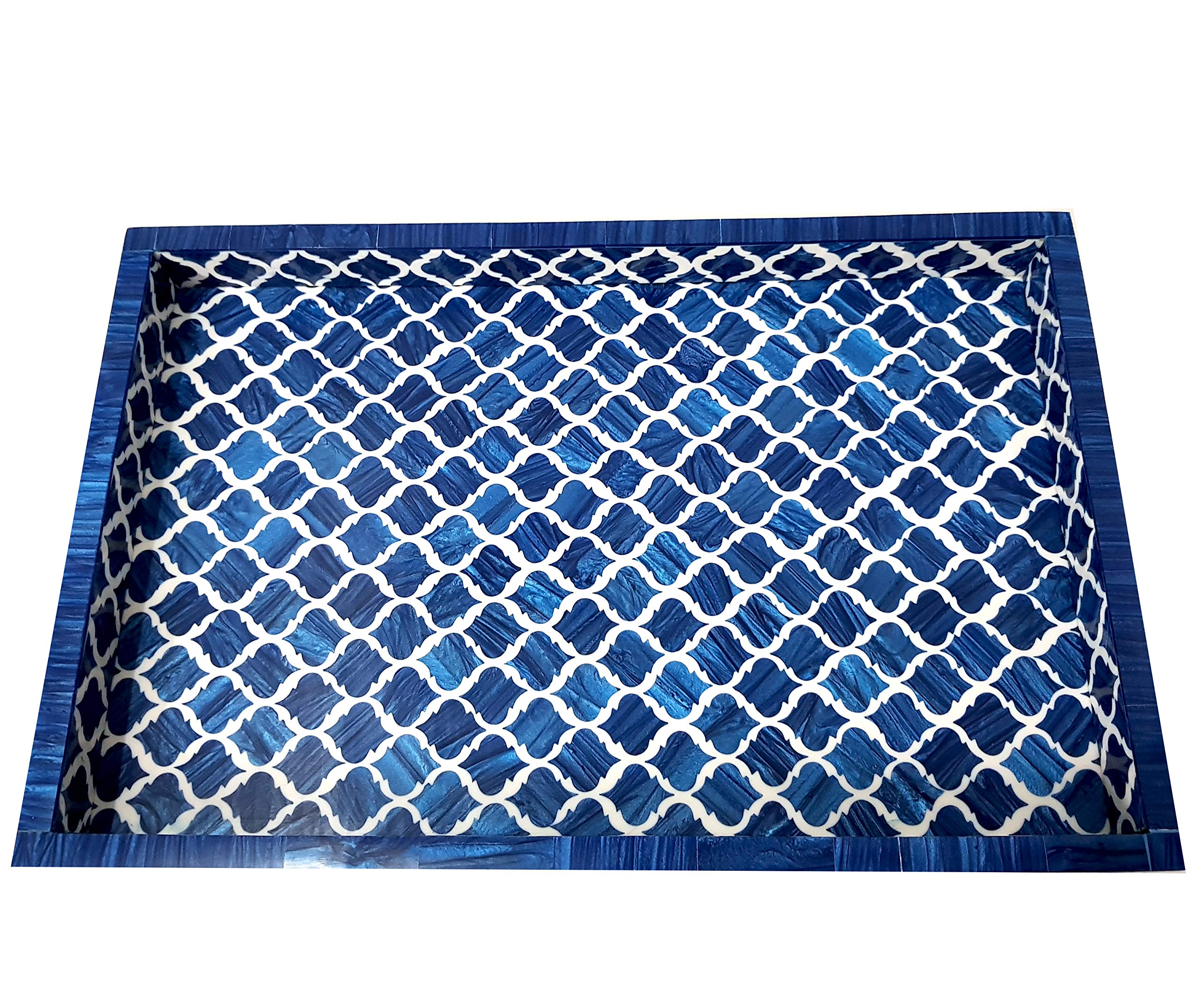 Handcrafted Blue & White Moorish Moroccan Bone Inlay Serving Tray - Multipurpose Decorative Tray for Breakfast, Tea, Coffee & Snacks - Perfect for Home Decor, Dining, and Gift Giving