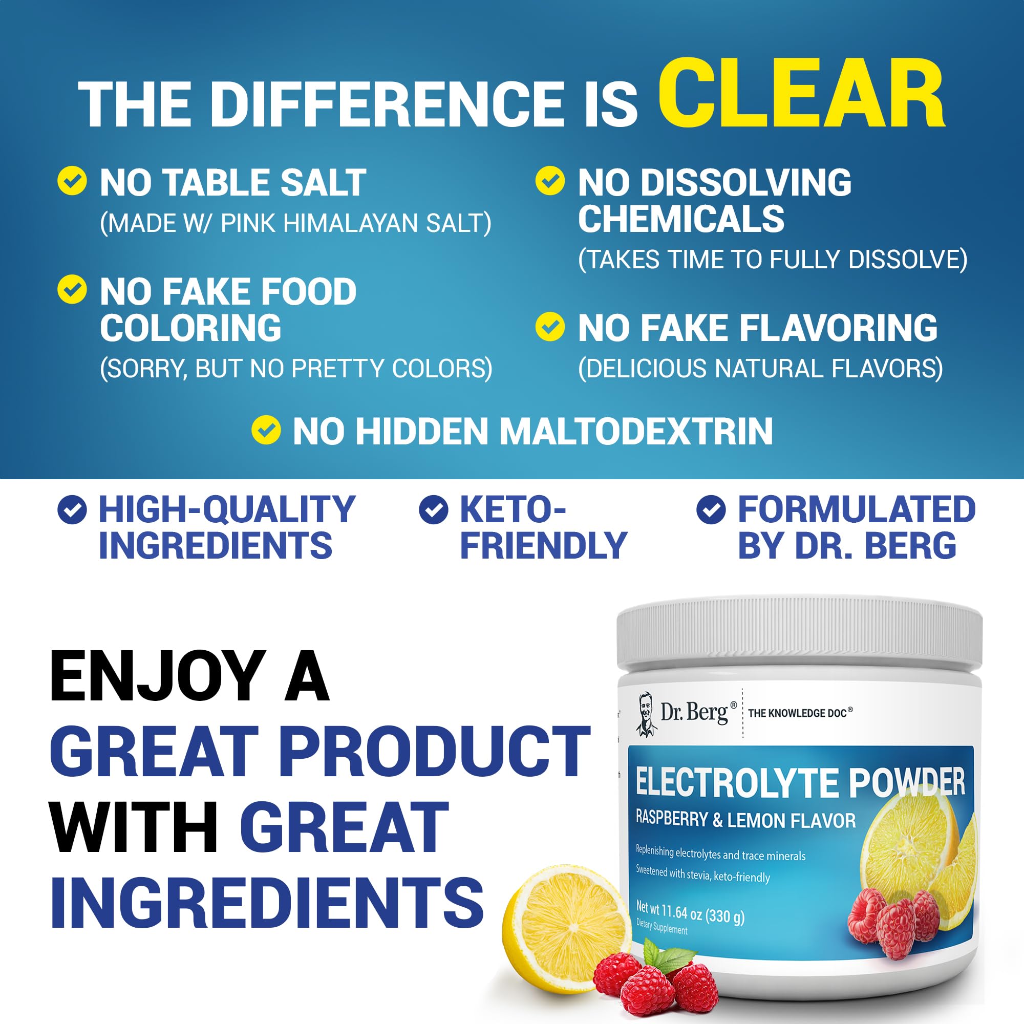 Dr. Berg Zero Sugar Keto Electrolyte Powder with 1000mg Potassium & Pink Himalayan Salt - Raspberry Lemon Hydration Drink Supplement (50 Servings, 3 Pack) - Ideal for Keto Diet, Workout Recovery & Daily Hydration Support