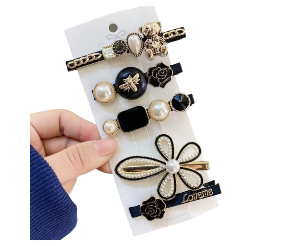 HSNJ JEWELS 5-Piece Korean Pearl Hair Clips Set - Elegant Marble Alligator Barrettes, Duckbill Hairpins for Women | Wedding, Party & Daily Hair Accessories
