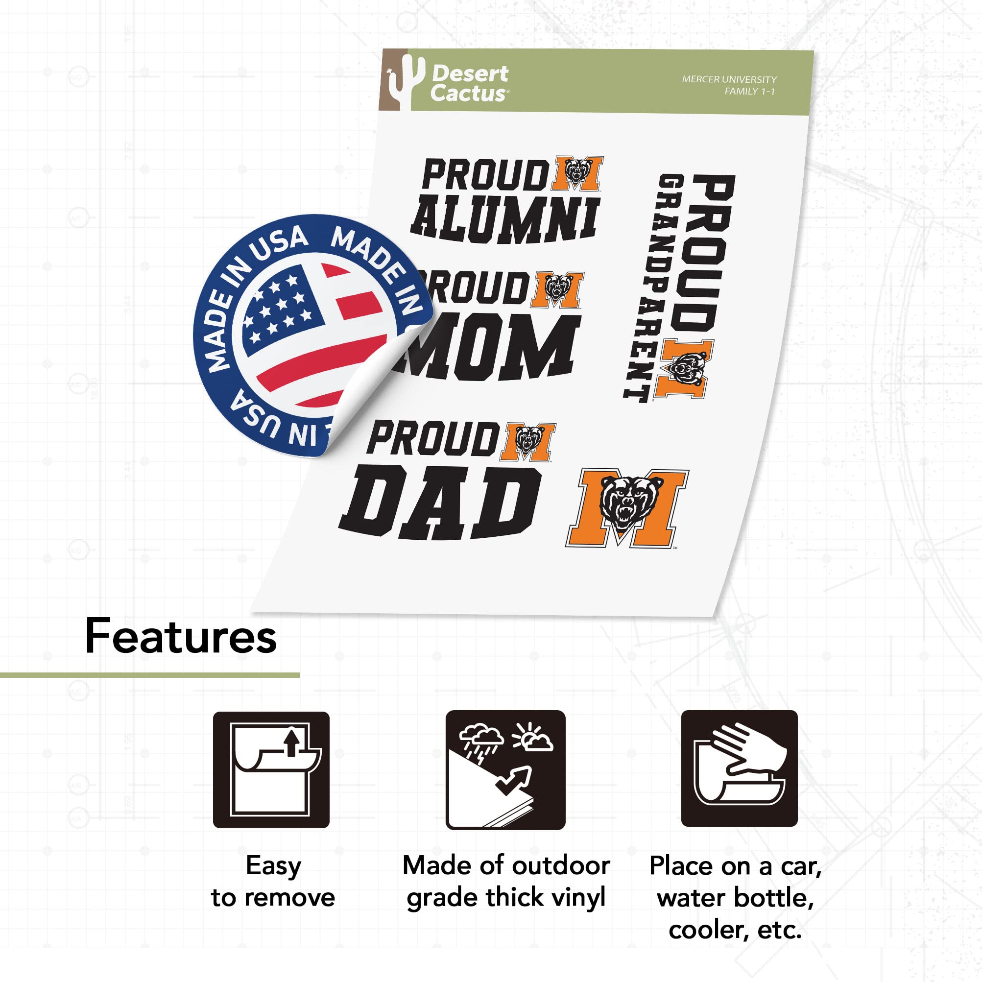 Desert Cactus Mercer University Sticker Bears Vinyl Decals - Waterproof Laptop, Water Bottle & Car Decoration - Scrapbook & DIY Crafts (Family Full Sheet) - Perfect for College Dorm, Office & Personalizing Belongings