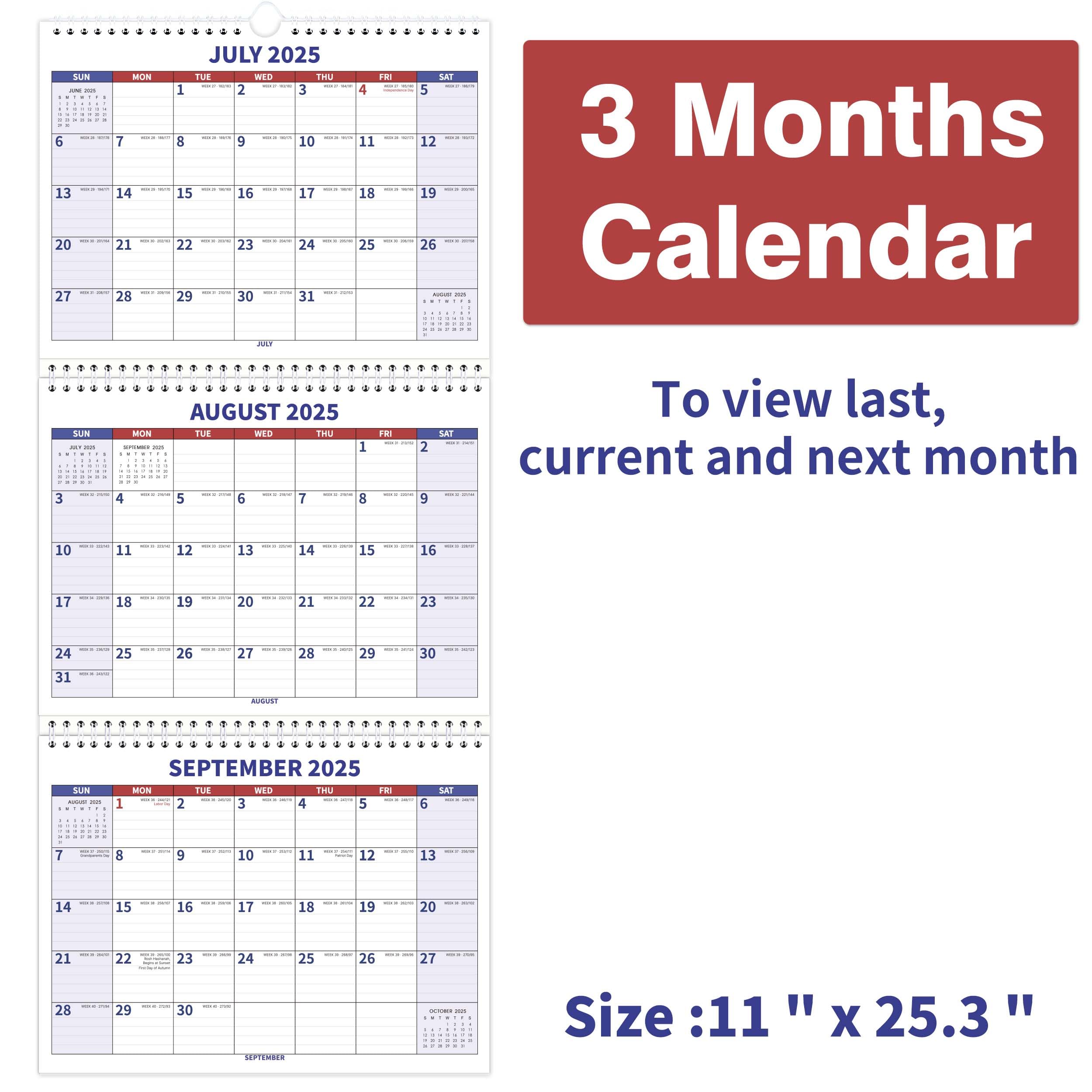 2025-2027 Wall Calendar - 3 Month Vertical Display Planner | July 2025 - June 2027 | 2 Year Academic Calendar with US Holidays | 11