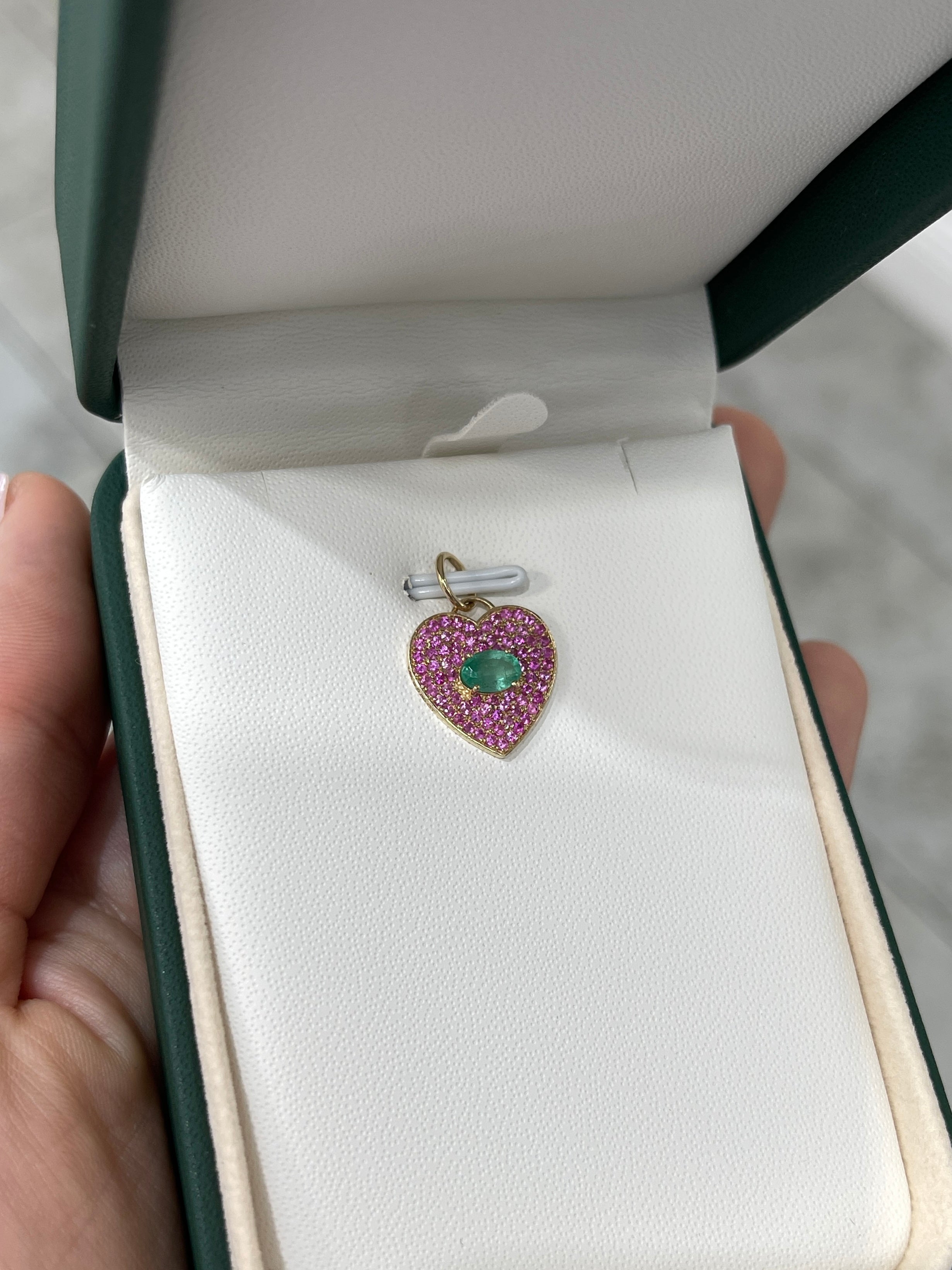 1.0tcw 14K Gold Emerald & Pink Sapphire Heart Cluster Pendant Charm Necklace - Elegant Jewelry Gift for Women, Valentine's Day & Anniversary