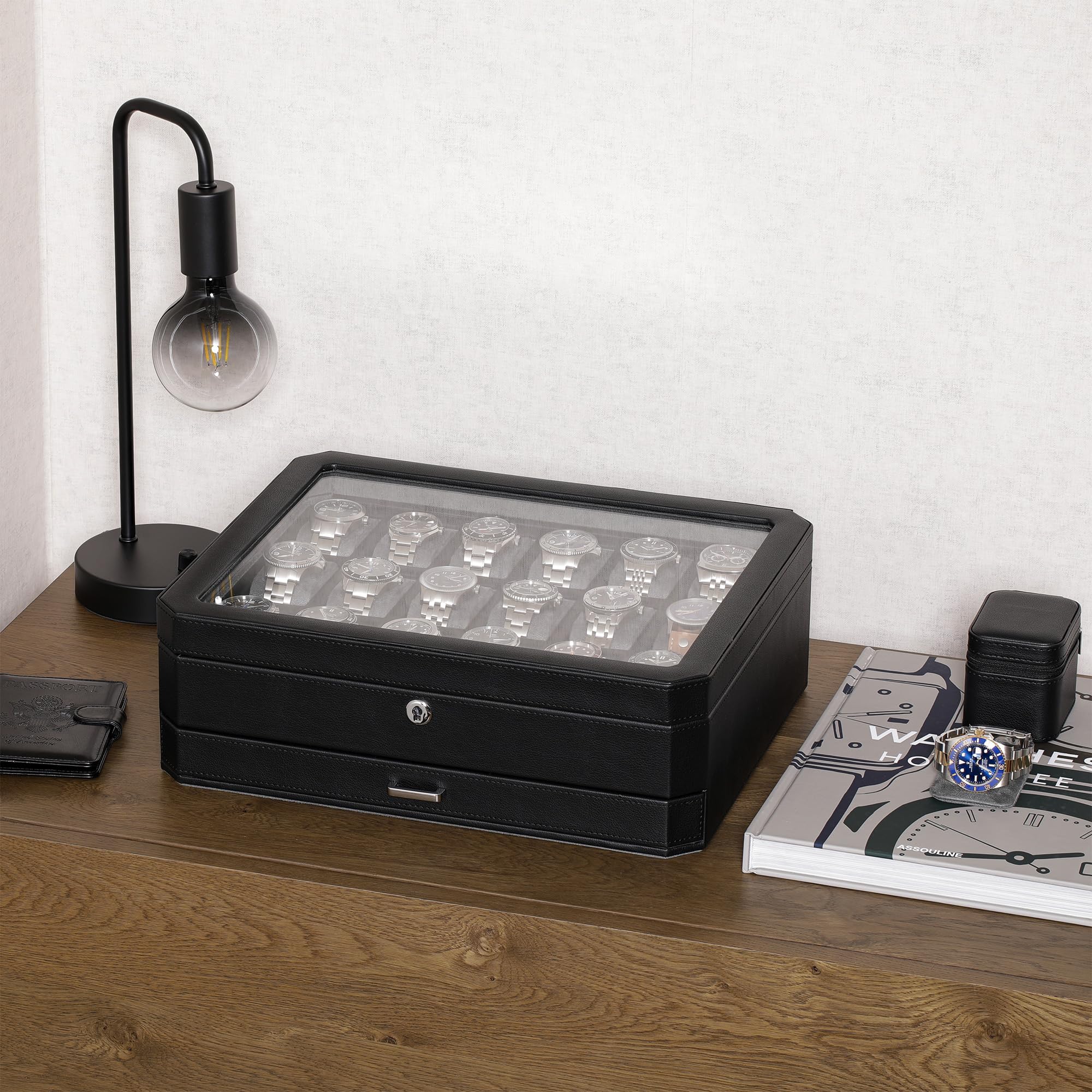 ROTHWELL 18-Slot Luxury Watch Box with Drawer - Men's Watch Display Case with Real Glass Top & Lockable Design for Watch Collections (Black/Grey) - Perfect for Home, Office & Travel Storage