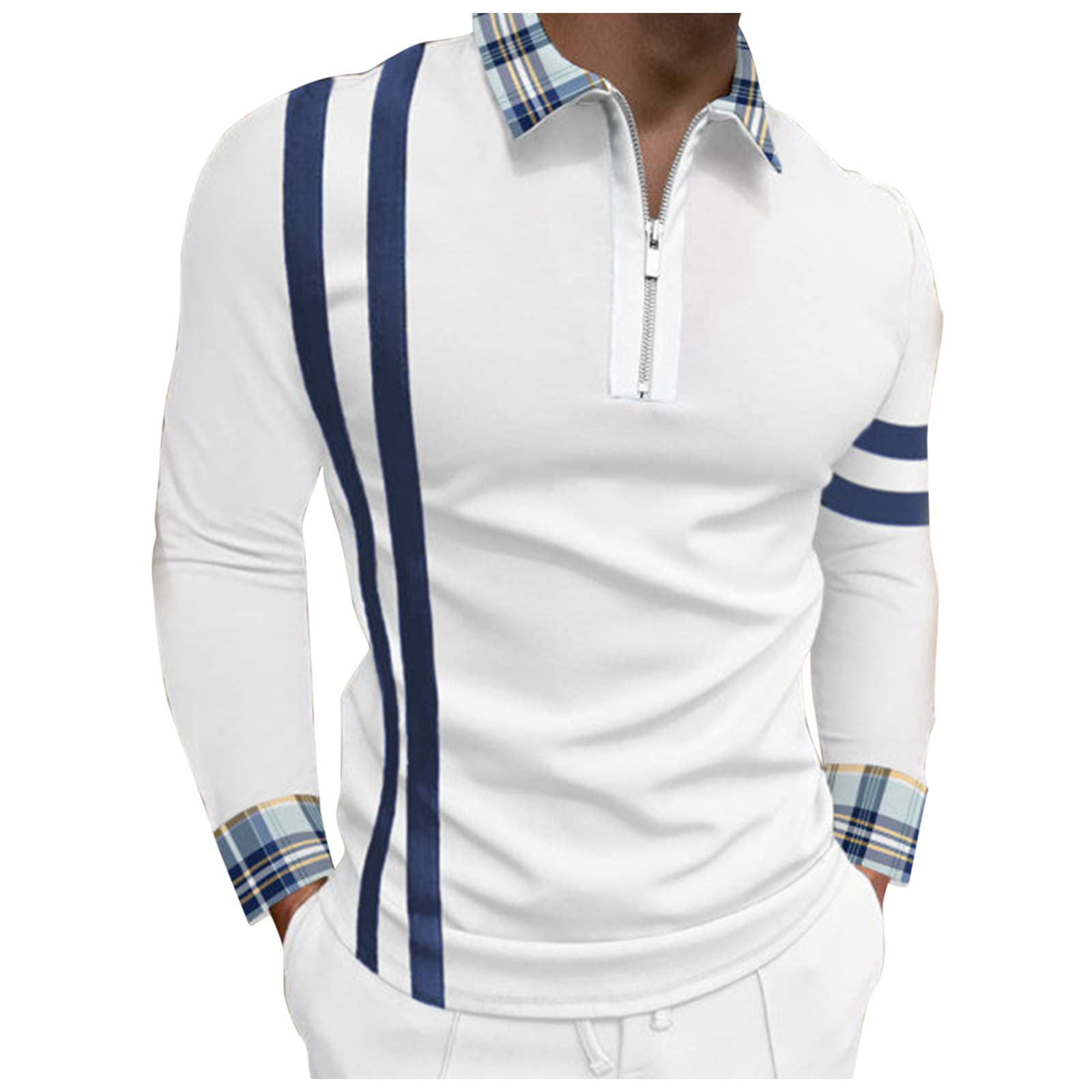 ZDFER Men's Slim Fit Long Sleeve Patchwork Polo Shirt - Business Casual Workwear for Fall & Summer | Office, Date Night & Outdoor Activities