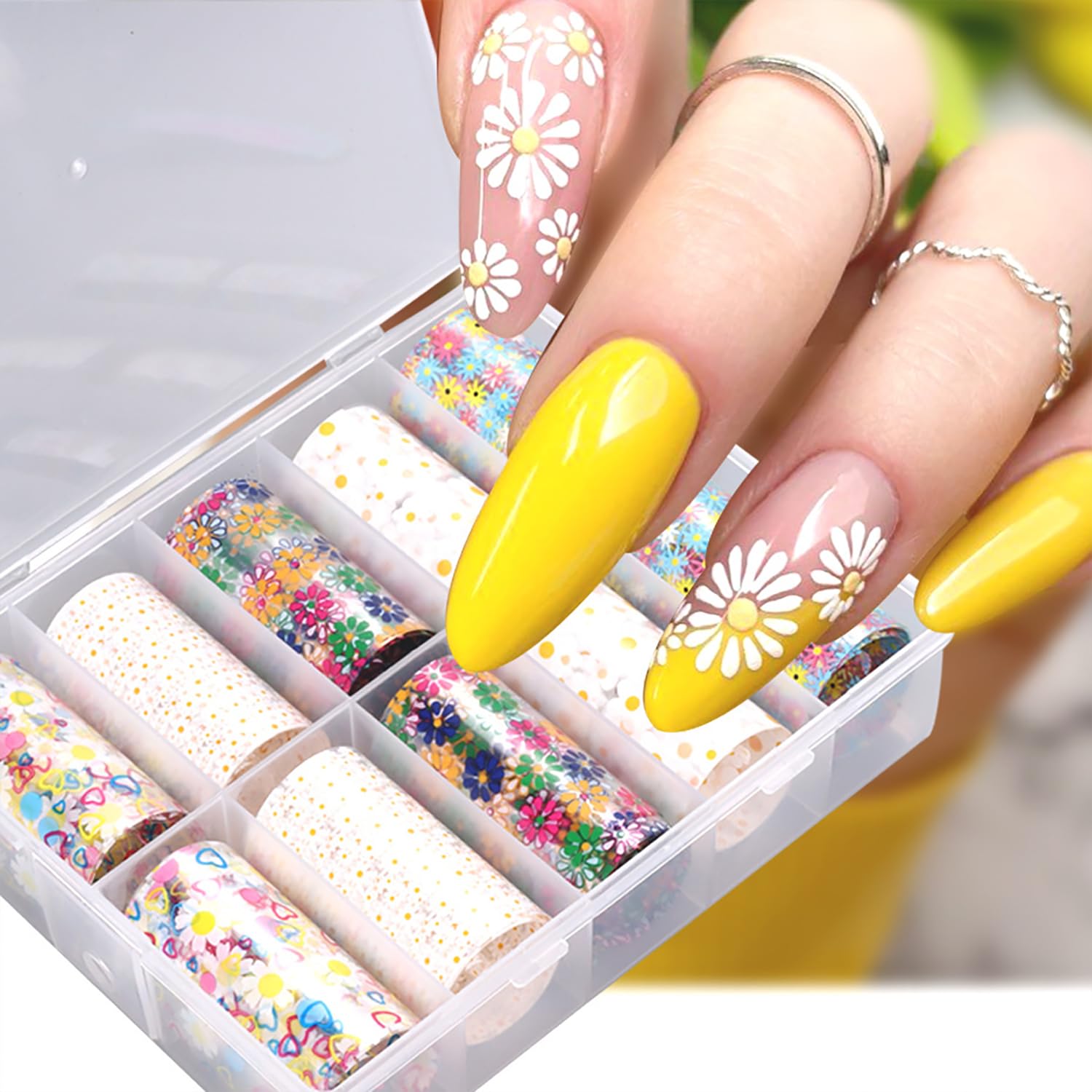 10 Rolls Holographic Daisy Nail Transfer Foil - Iridescent Nail Art Foil for Manicure Designs, 3D Nail Stickers for Women (Flower & Holographic Patterns) - Perfect for DIY Nail Art, Salon Use, and Special Occasions