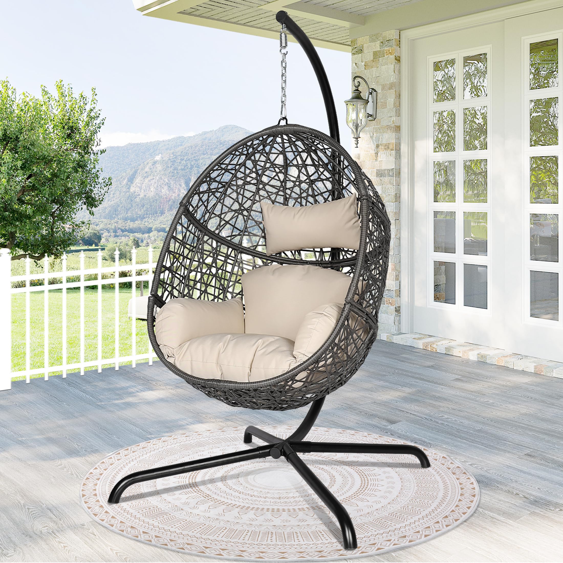 BULEXYARD Oversized Hanging Egg Chair with Stand - 350LBS Weight Capacity, Indoor/Outdoor Grey Wicker Swing Chair with Beige Cushion - Perfect for Patio, Balcony, Porch, Garden & Backyard Relaxation