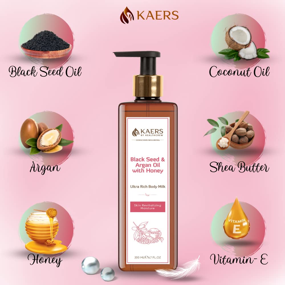 Kaers by Healthcrew Kalonji Body Milk Lotion with Black Seed & Argan Oil | Honey-Infused Moisturizer for Skin Revitalization | Nigella Sativa Enriched Body Cream | 200ml | Perfect for Dry Skin Care & Daily Hydration