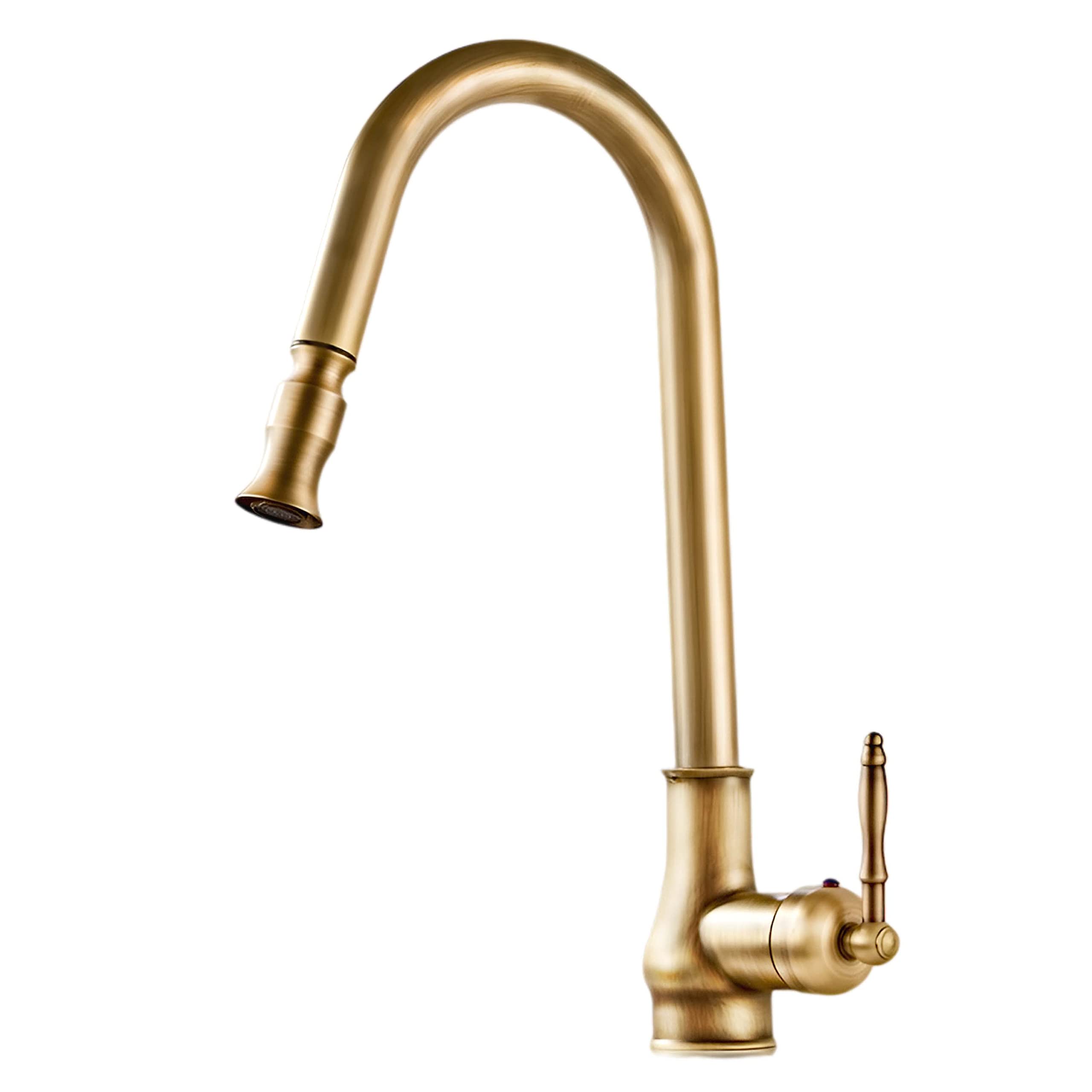 Antique Copper Single Handle Kitchen Faucet - Pull Out Pull Down Brass Faucet with Hot & Cold Mixer Hoses - Perfect for Farmhouse, Vintage, and Modern Kitchen Sinks