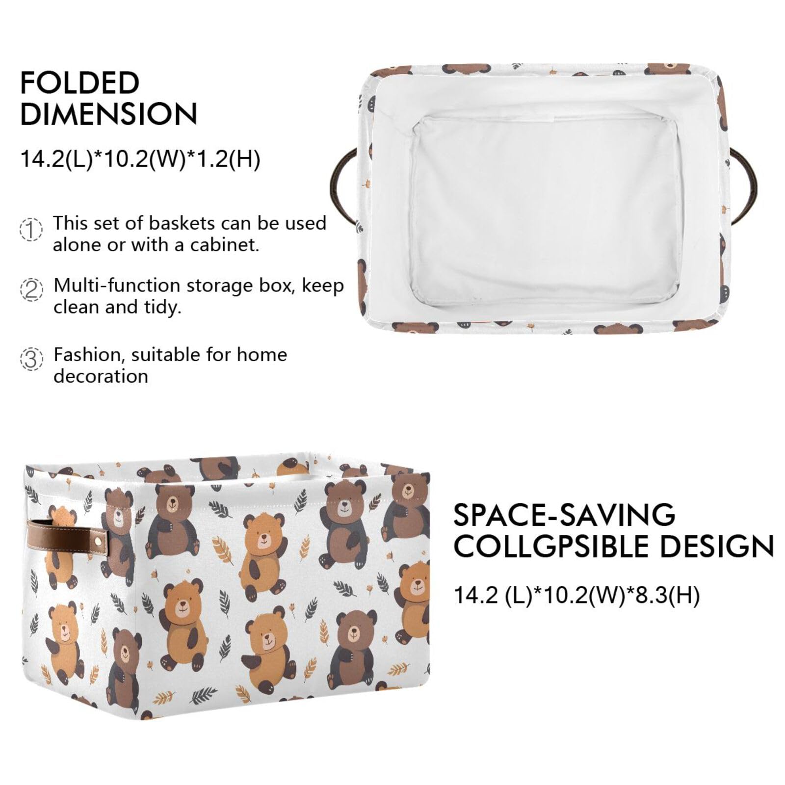ALAZA Foldable Storage Bins with Handles - 2 Pack Large Woven Basket for Home Organization, Shelves, Toys & Clothes | Brown Bear Design Collapsible Storage Box for Bedroom, Nursery, Playroom & Office