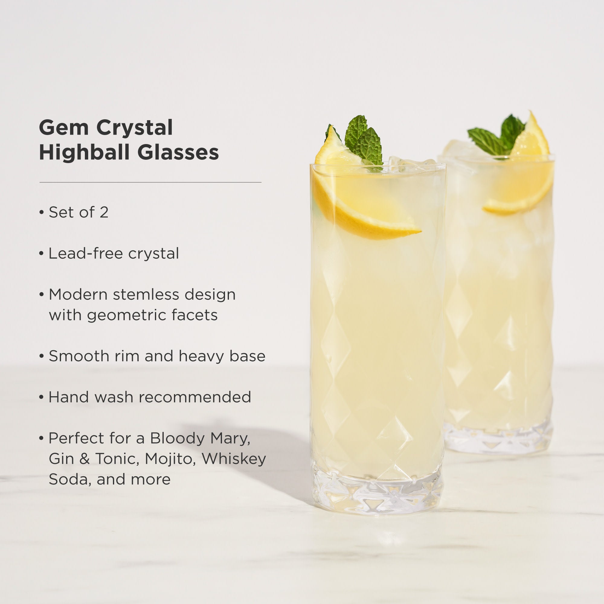 Premium Gem Crystal Highball Glasses Set of 2 - Elegant 12oz Whiskey & Cocktail Drinking Glasses for Home Bar, Parties & Gifts