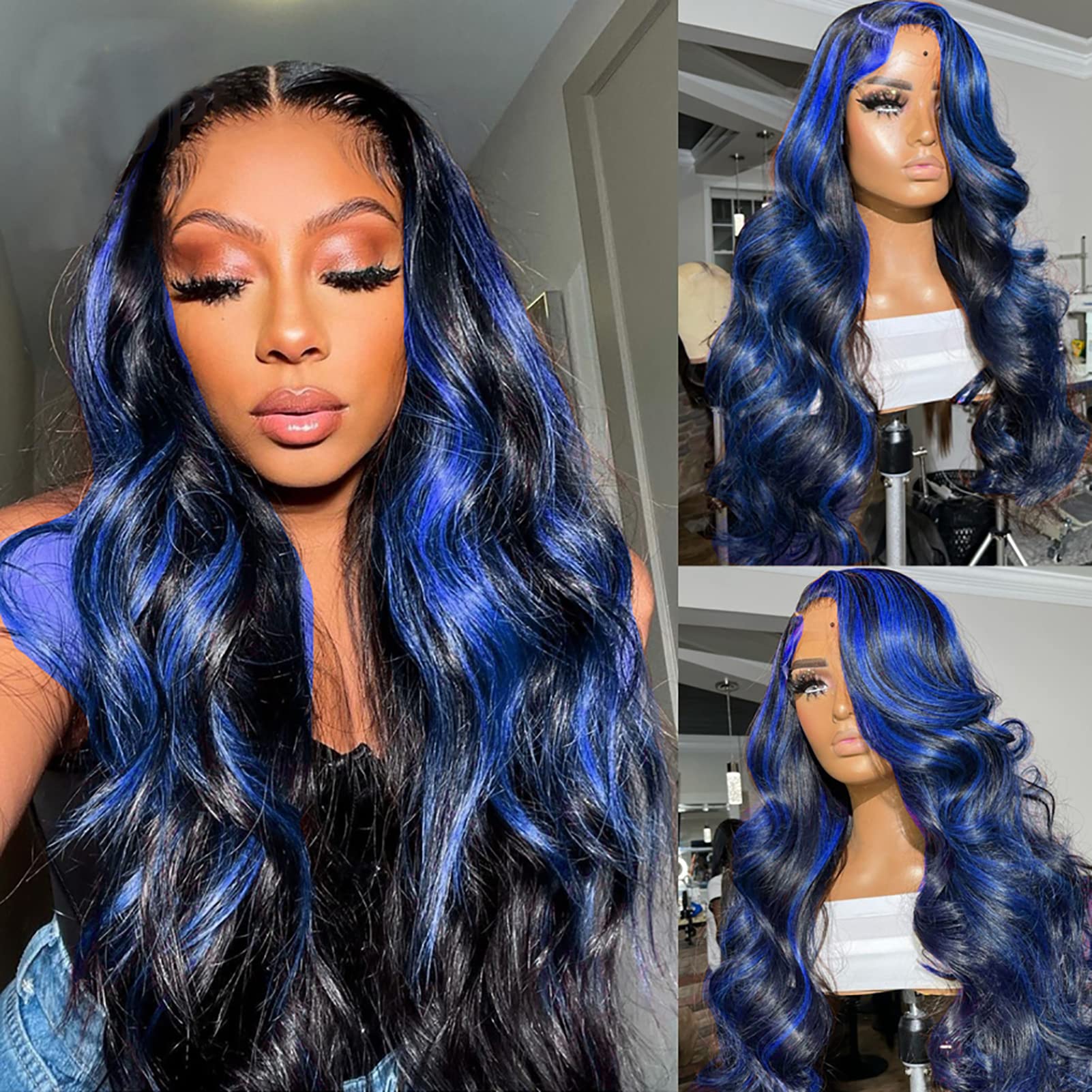 BLG 20 Inch Blue Lace Front Wigs Human Hair - 180% Density Highlighted Pre-Plucked Skunk Stripe Wigs for Women | Glueless Colored Human Hair Lace Wig | Perfect for Cosplay, Parties & Fashion Styling