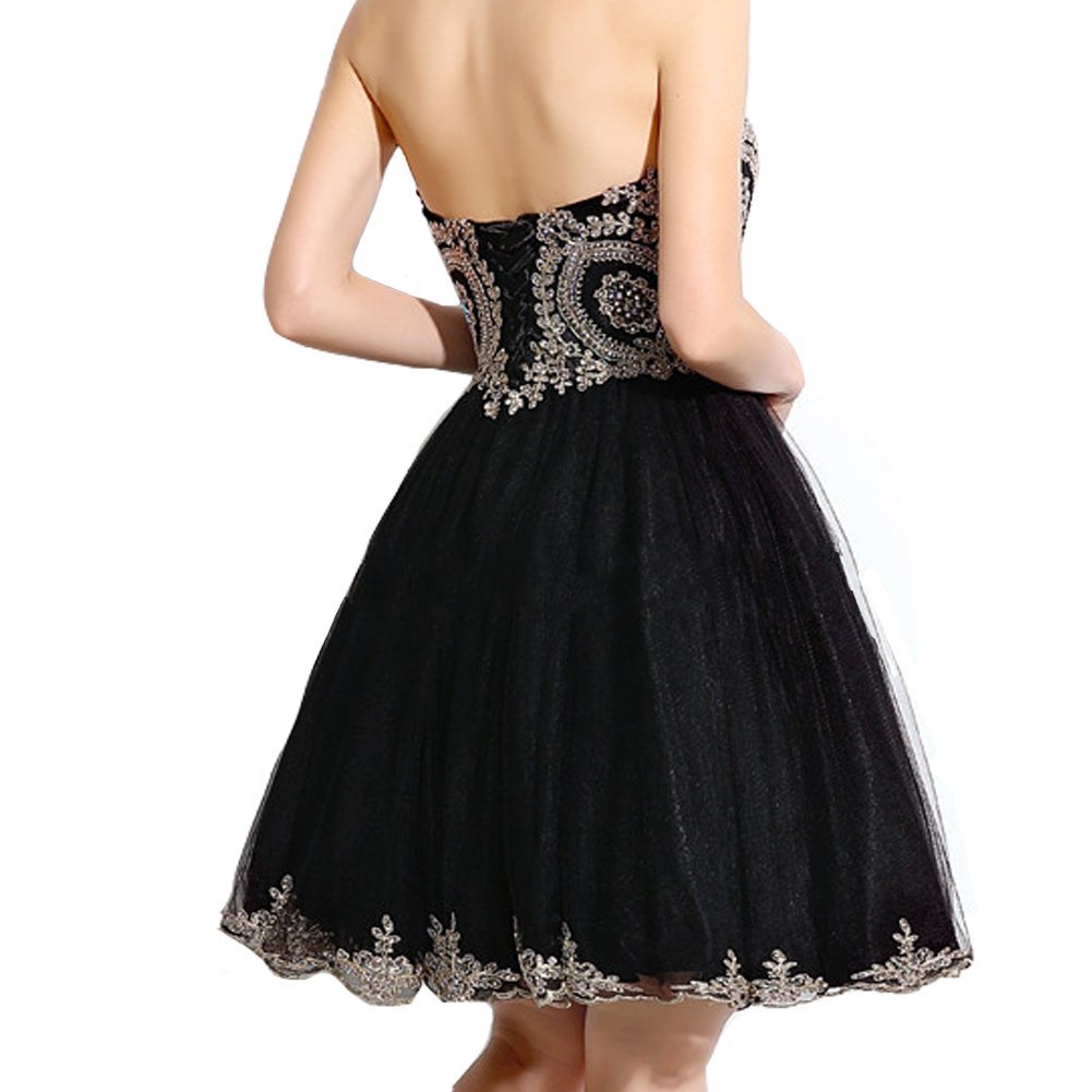 Kivary Gold Lace Crystals Short Tulle Corset Prom Dress for Homecoming, Cocktail Party, Evening Gala & Special Occasions