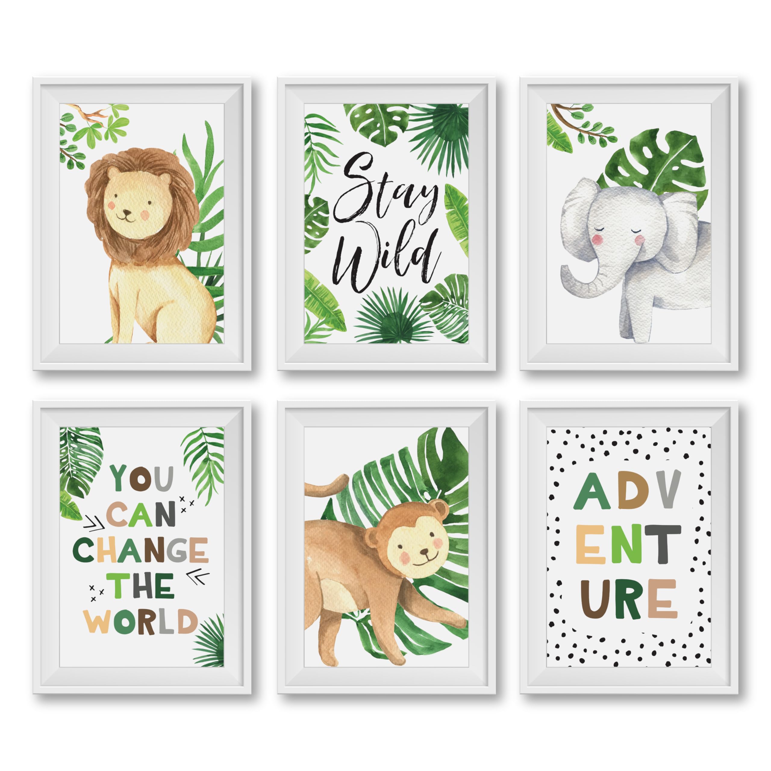 6 Reversible 8x10 Safari Nursery Wall Art Prints - Jungle Animal Classroom Decor, Baby Shower & Birthday Party Decorations - Perfect for Jungle Theme Nursery, Kids Room, Classroom & Safari Party Decor