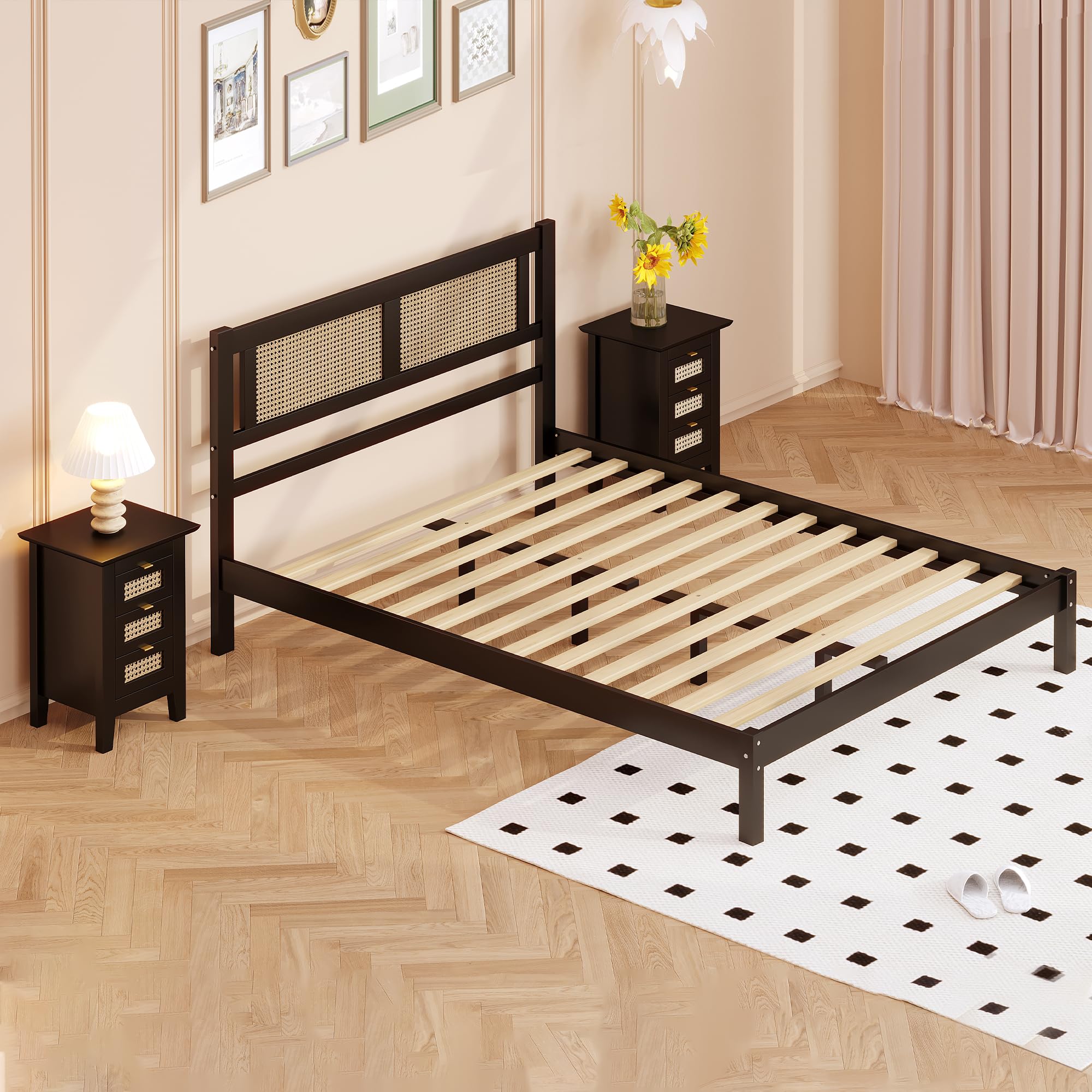 Merax 3-Piece Queen Size Bohemian Bedroom Set - Wooden Platform Bed Frame with Natural Headboard & 2 Rattan Nightstands with Storage Drawers, Black - Perfect for Modern Boho Bedroom Decor & Small Space Living