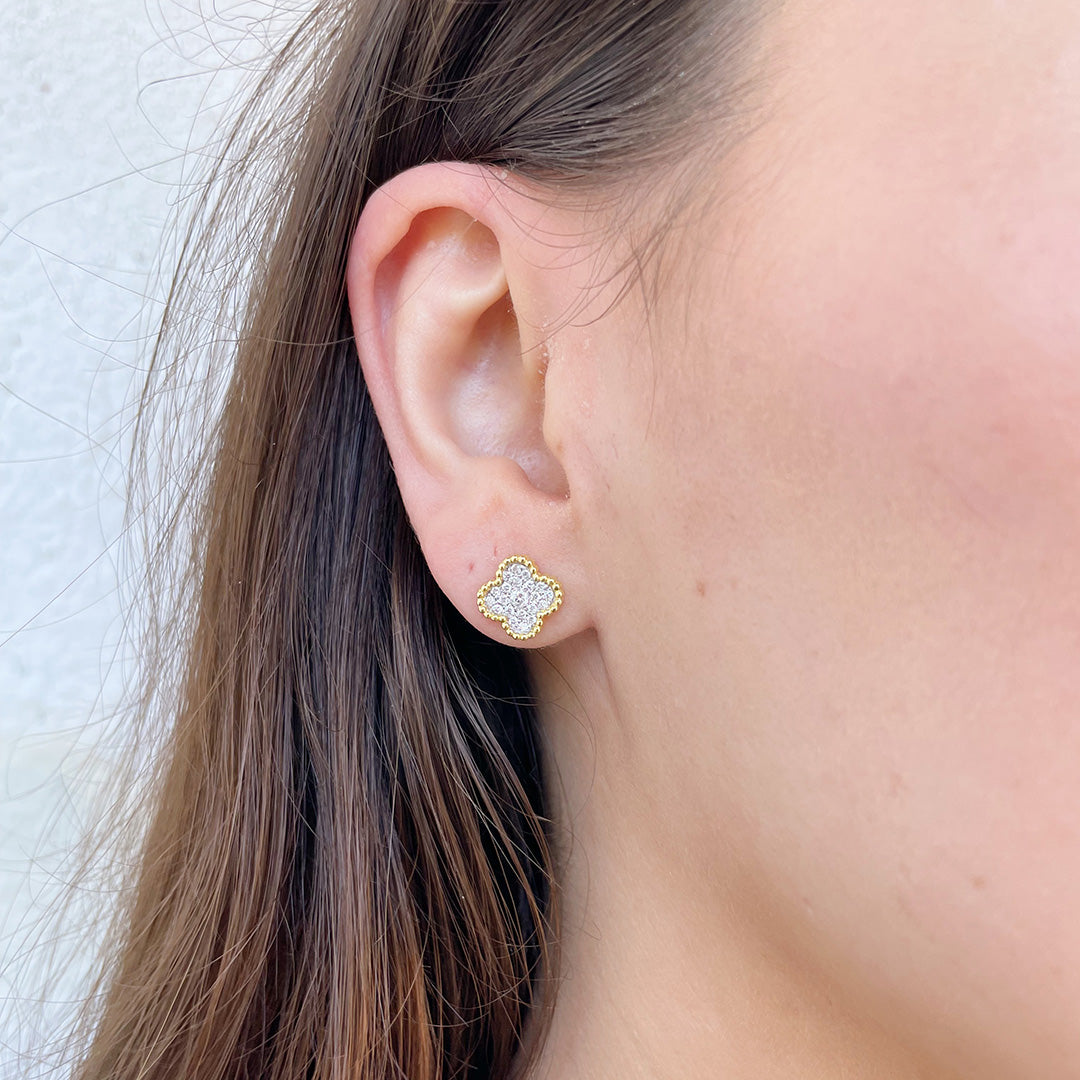 14K Gold Diamond Pavé Clover Stud Earrings for Women - Elegant Beaded Cluster Design, Perfect for Weddings, Parties & Everyday Wear