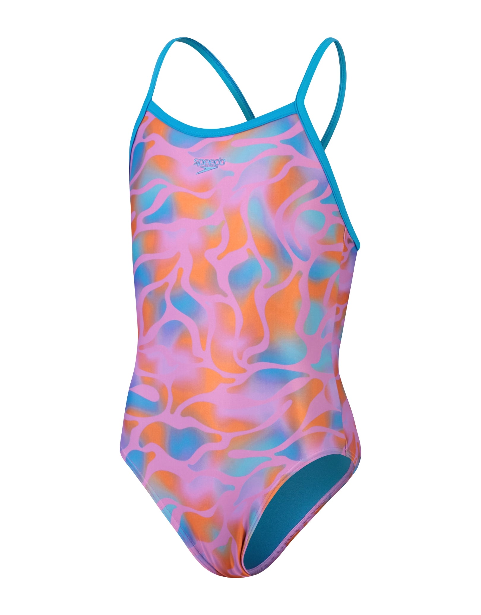 Girls' Allover Print Thin Strap Muscleback Swimsuit - Purple & Orange Two-Tone Design | Perfect for Beach, Pool, and Summer Vacation Activities