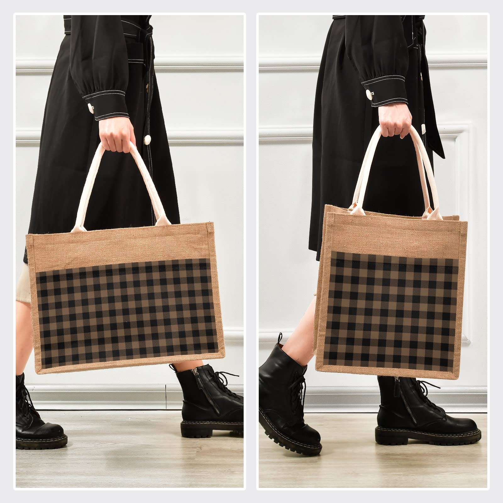 JUNZAN Tartan Coffee Brown Plaid Jute Tote Bag - Eco-Friendly Reusable Straw Beach Bag for Shopping, Groceries & Wedding Gifts | Perfect for Beach Outings, Farmers Market & Daily Errands