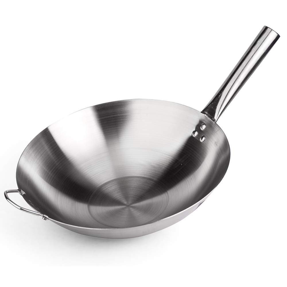 HUOQILIN 40cm Stainless Steel Wok - Commercial & Household Non-Stick Round Bottom Pan with Single Handle & Ear - Perfect for Gas Stove Cooking, Stir Fry, Deep Frying & Asian Cuisine