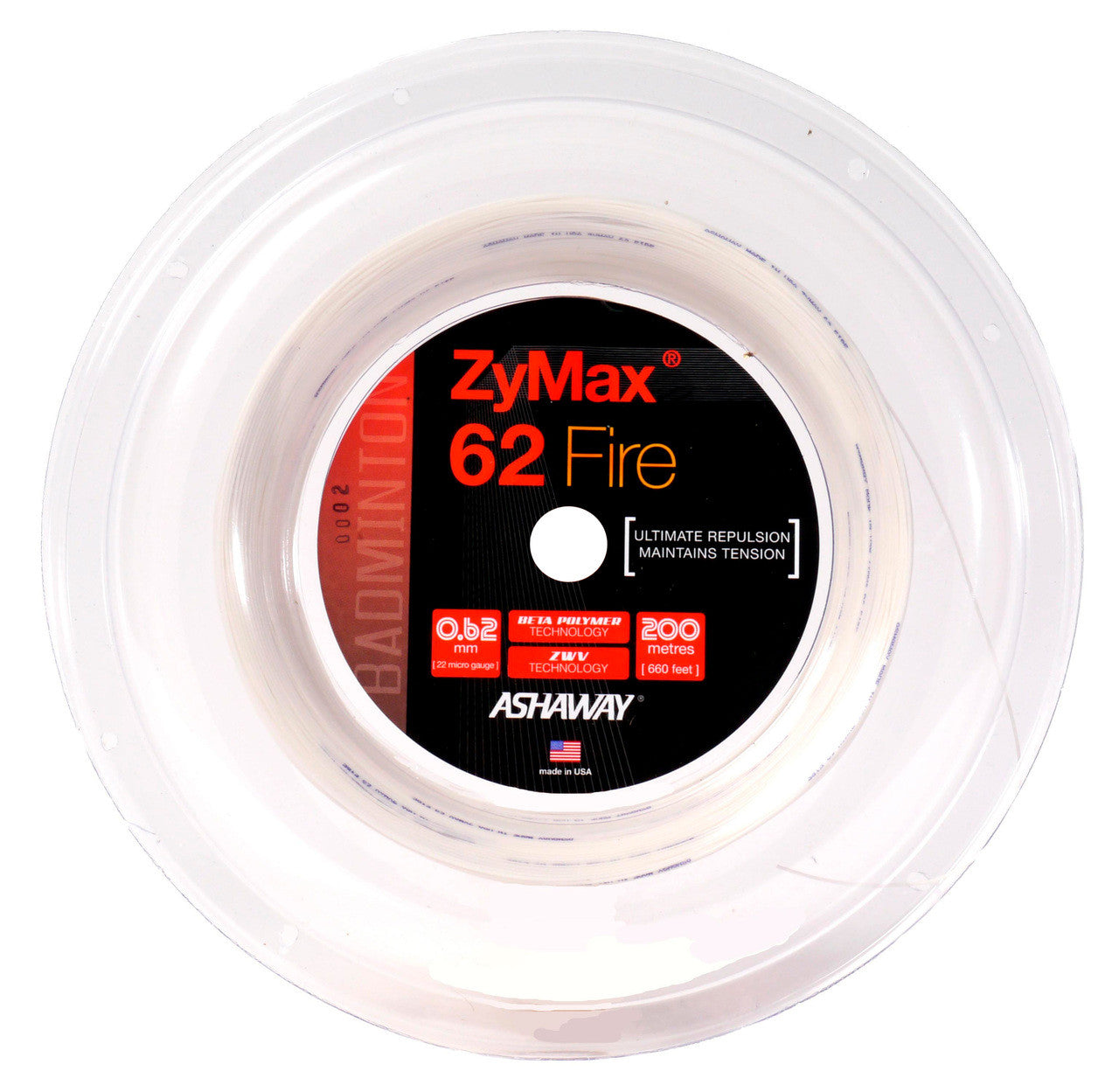 Ashaway Zymax 62 Fire Badminton String Reel - 200m High Performance Nylon String for Competitive Play - Perfect for Tournaments & Training Sessions