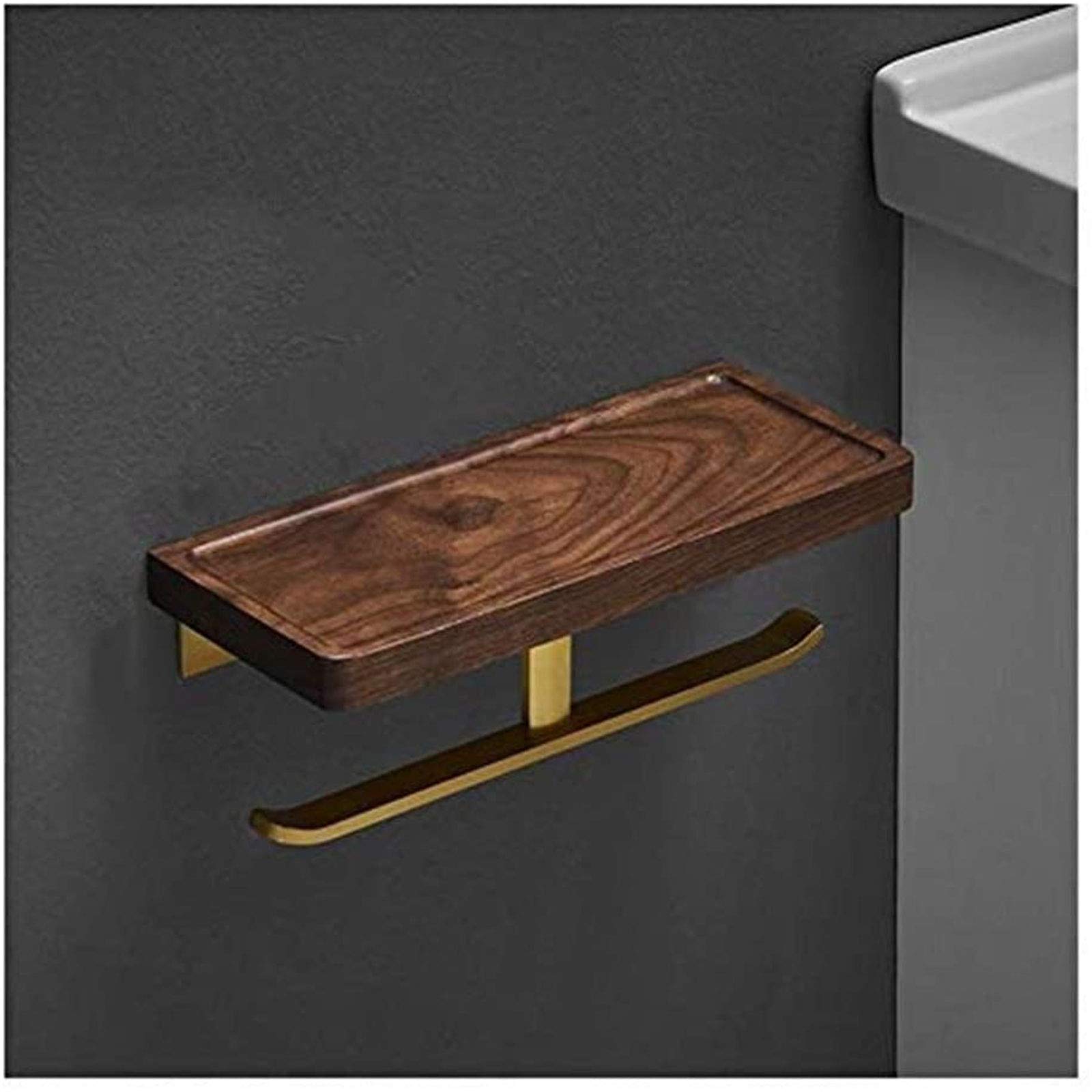 Black Walnut Wall Mounted Toilet Paper Holder - Rustproof Metal Punch-Free Design with Phone Stand | Perfect for Bathroom, Kitchen & Office Organization