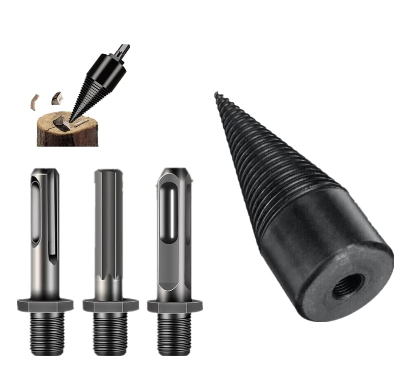 4 Pcs Heavy Duty Wood Splitter Drill Bit Set - Screw Cones Kindling Splitter for Firewood Log Splitting - Removable Drill Screw Cone Driver with Round/Hex/Square Shank (32mm) - Perfect for Camping, Fireplace & Outdoor Wood Cutting