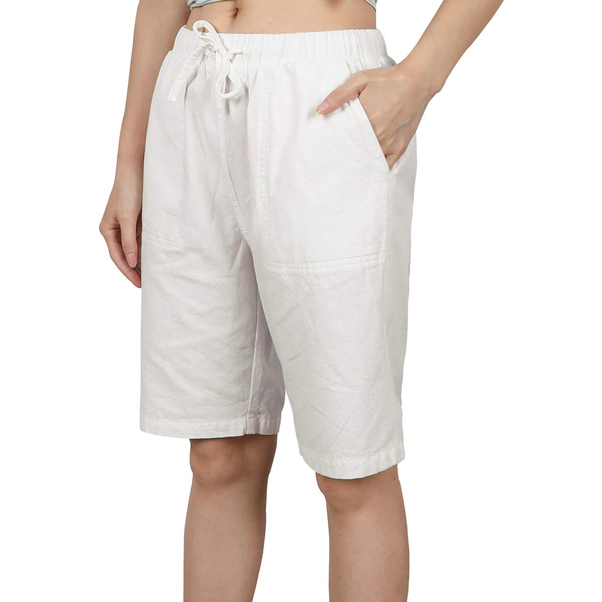 Lisskolo Women's Linen Bermuda Shorts - Elastic Waist Summer Cotton Shorts for Casual & Beach Wear
