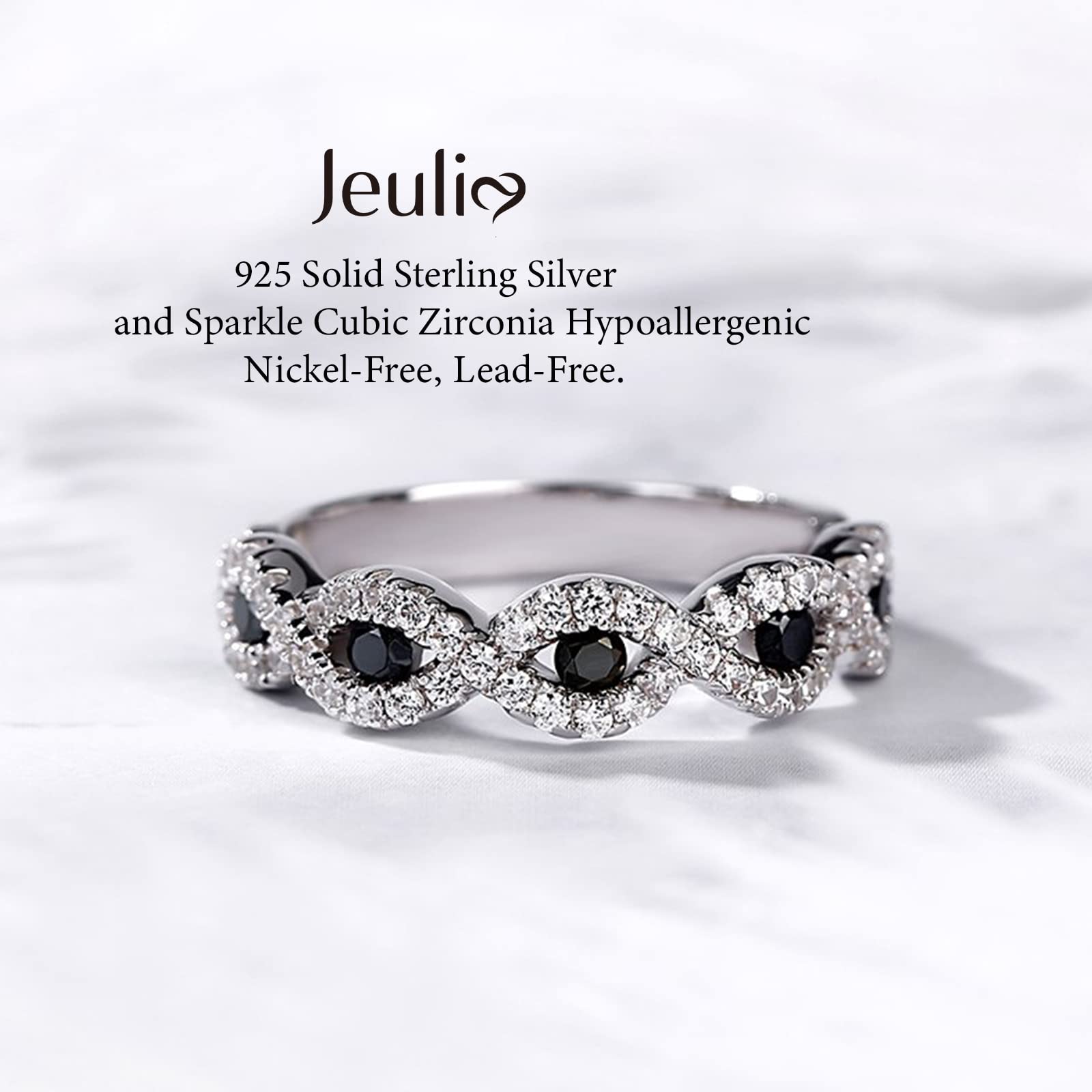Jeulia Engraved Wedding Stackable Rings - Sterling Silver Band with Sapphire Blue & White Diamond Cubic Zirconia - Half Eternity Engagement, Promise & Anniversary Rings - Gift Box Included - Perfect for Proposals, Vows Renewal & Romantic Gifts