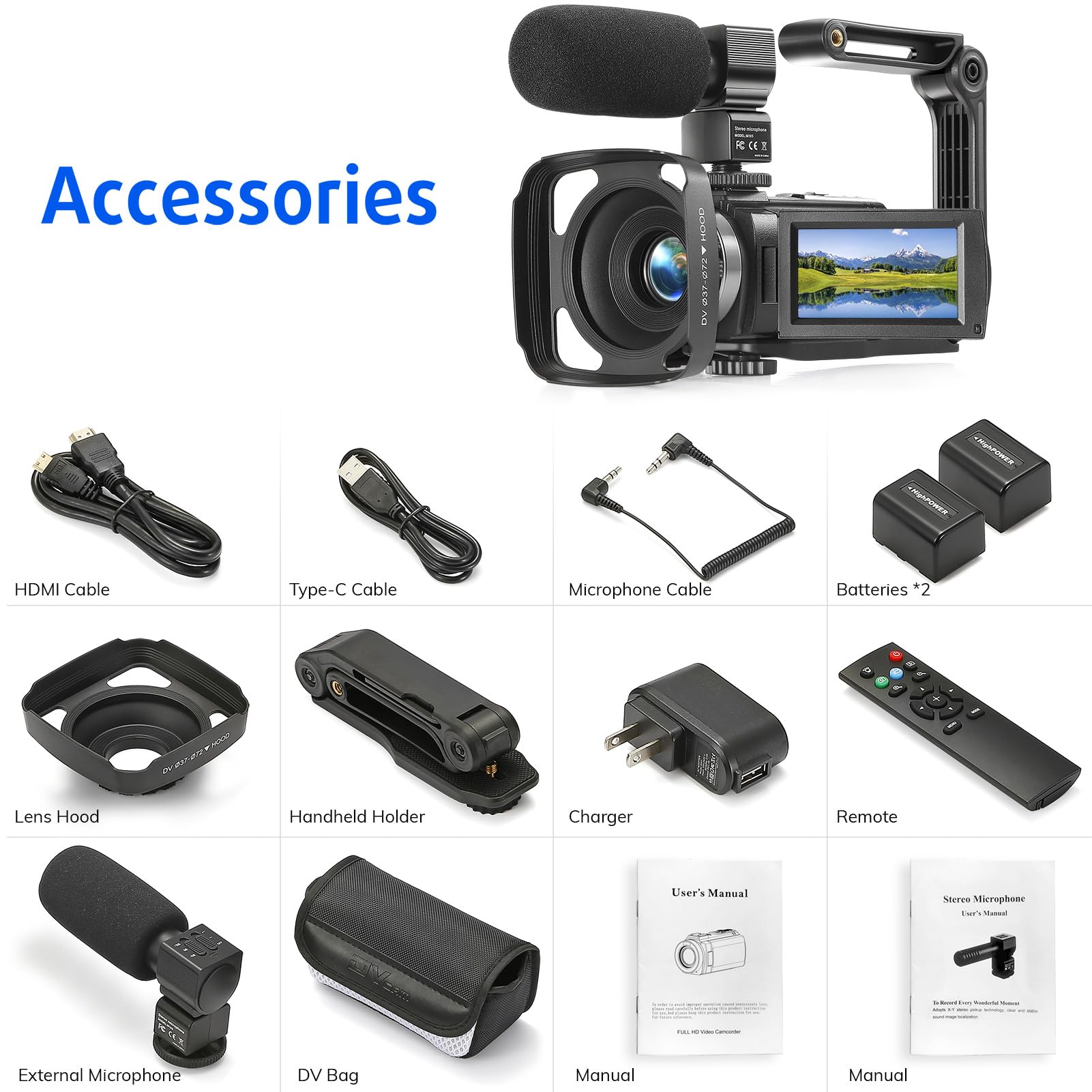 1080P FHD Camcorder for YouTube - 30FPS 36MP Video Camera with 3.0 Inch 270° Rotatable LCD, 16X Digital Zoom, Vlogging Camera Kit for Beginners (Includes 2 Batteries, Microphone, Remote, Stabilizer & Lens Hood) - Perfect for Travel Vlogging, Live Streaming & Home Videos