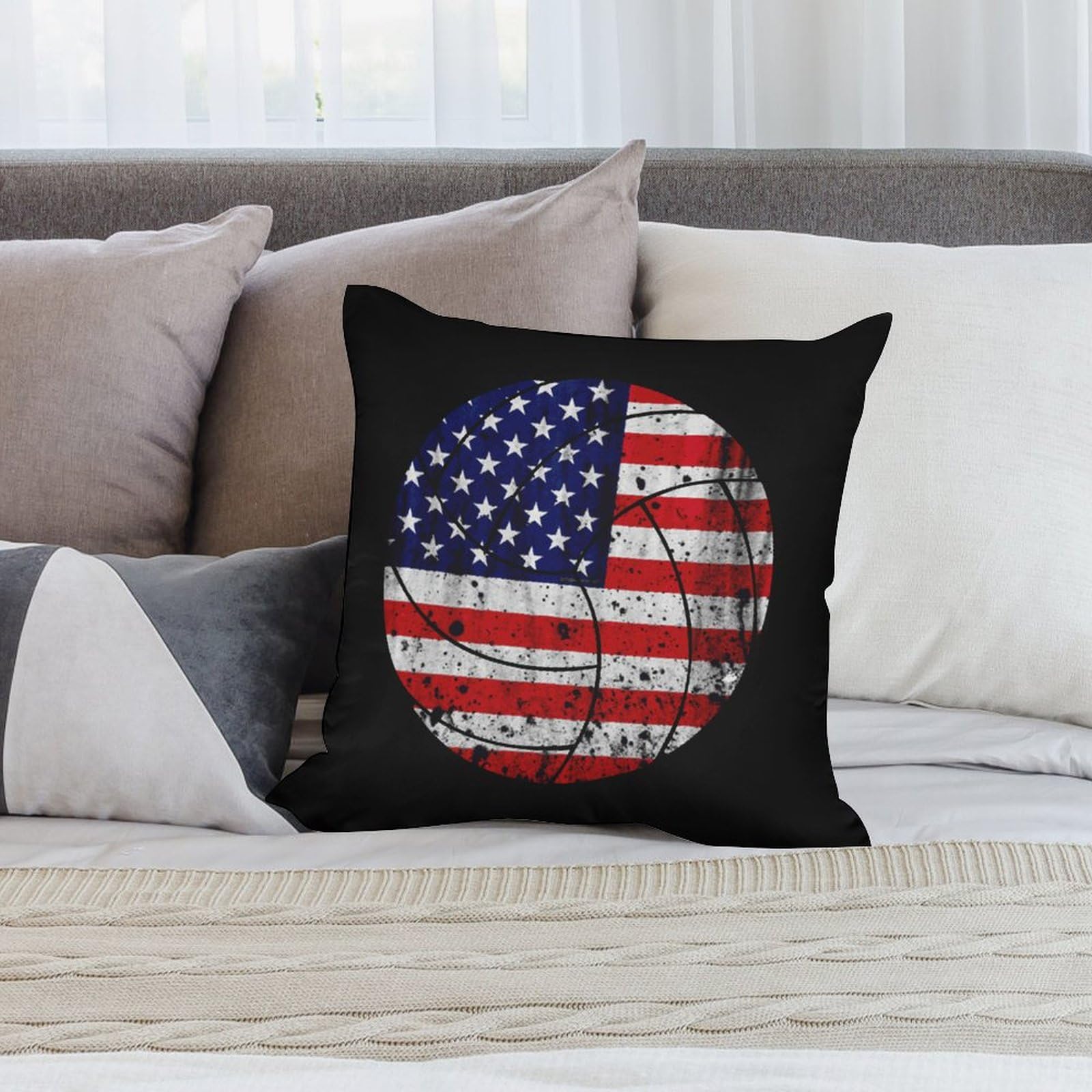 USA Flag Volleyball Polyester Pillow Cases - Soft & Smooth 24x24 Inch Cushion Covers for Sofa, Bed, Dorm - Patriotic Home Decor, Sports Fan Gift, Game Day Accessories