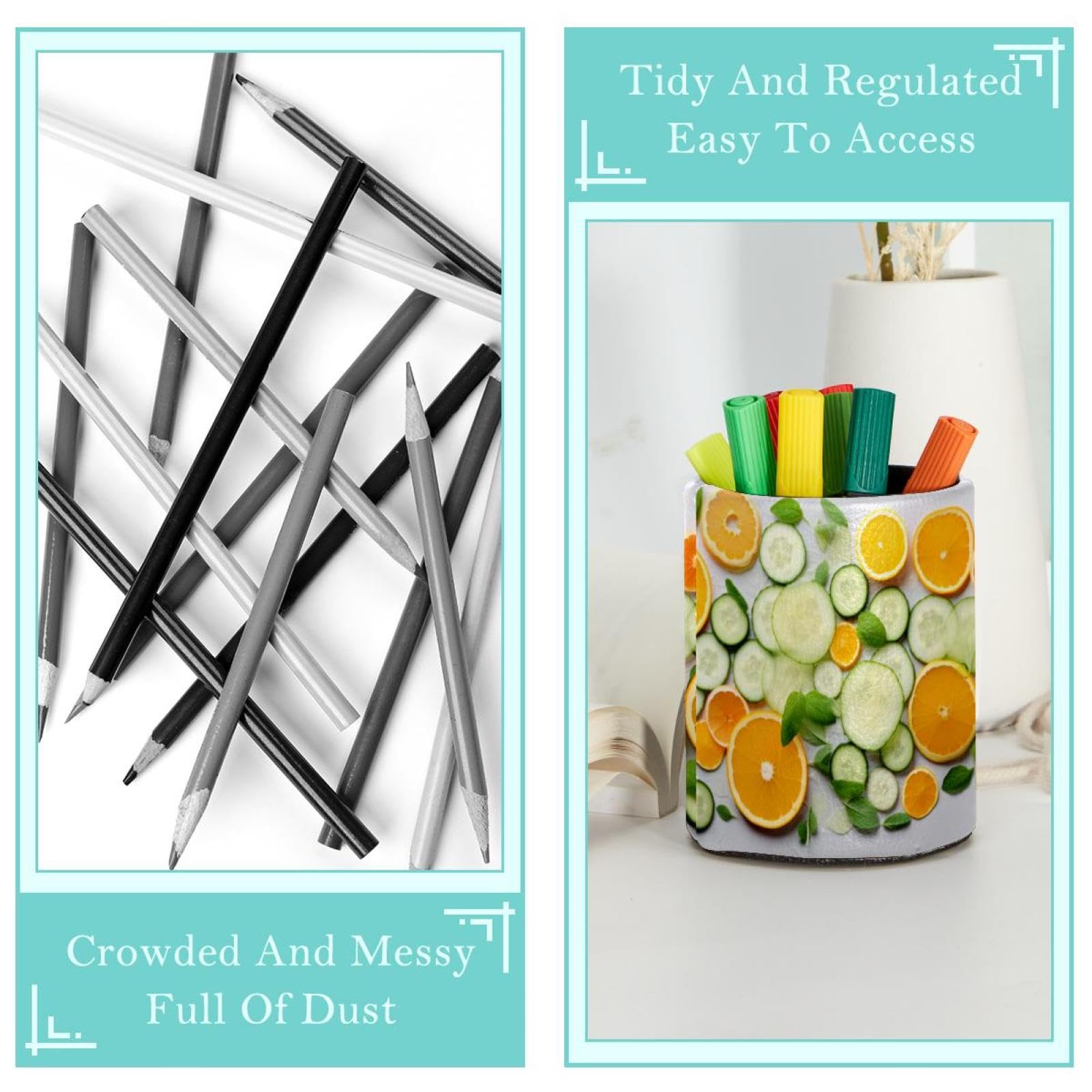 FVQL Pen Holder & Makeup Brush Organizer - Desk Pencil Cup with Orange & Cucumber Fruit Design - Perfect for Office, School, Vanity & Home Decor