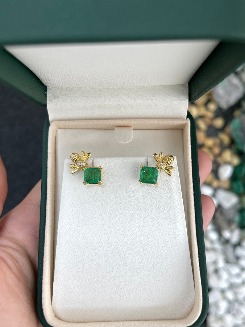 3.65tcw 14K Gold Emerald Asscher Cut Bee Ear Climber Stud Earrings - Unique Dainty Jewelry for Women, Perfect for Weddings, Parties & Everyday Wear