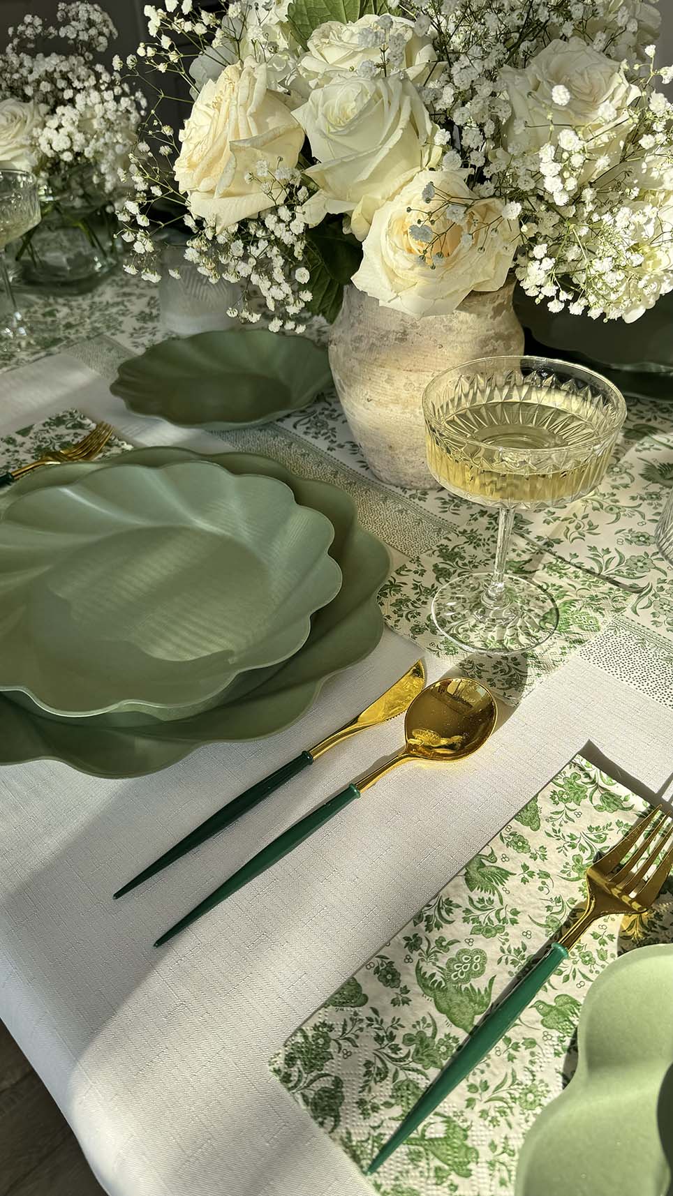 Elegant Royal Peacock Table Setting in Sage Green - Perfect for Weddings, Dinner Parties & Special Occasions