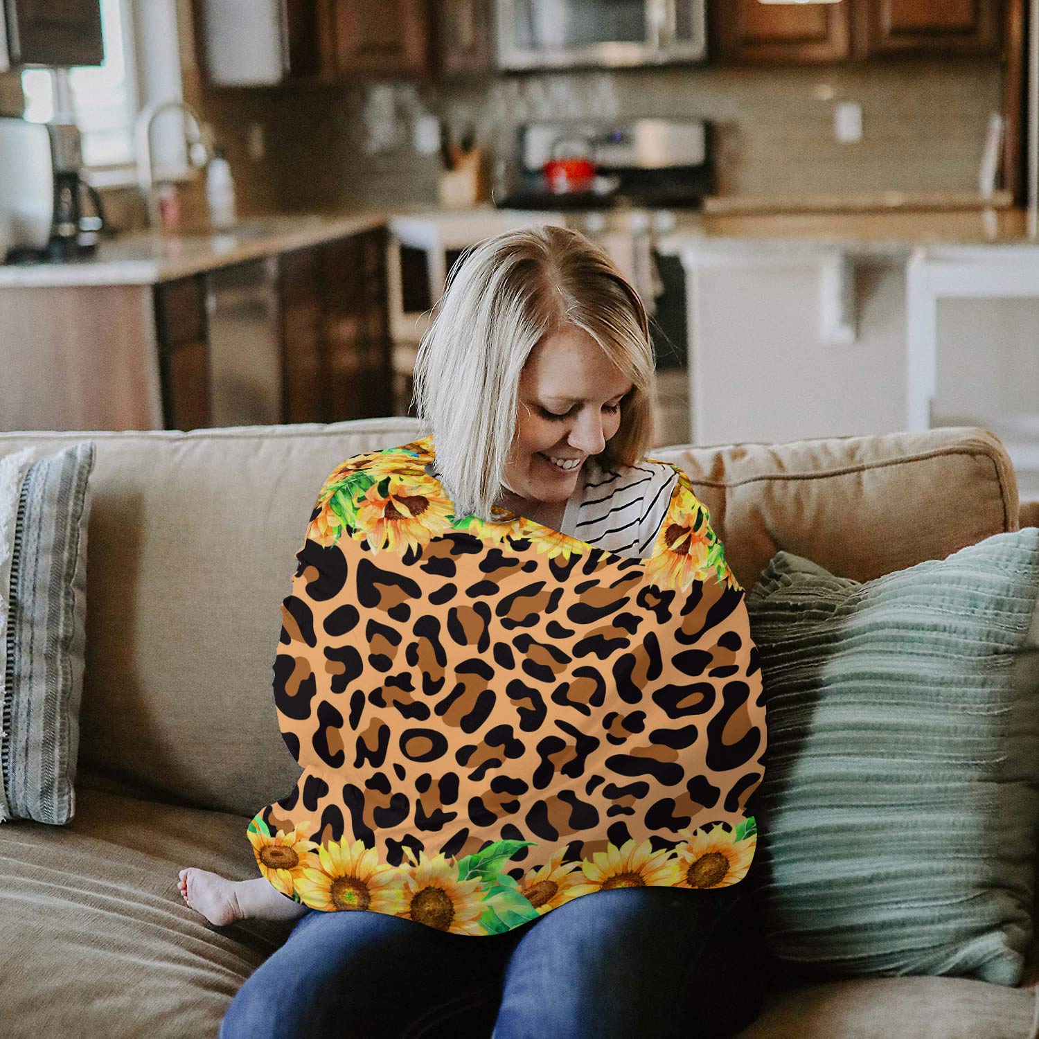 Breastfeeding Cover & Car Seat Canopy for Baby Girls & Boys - Soft Stretchy Nursing Scarf with Sunflower Leopard Pattern - Perfect for Strollers, Shopping & Outdoor Nursing