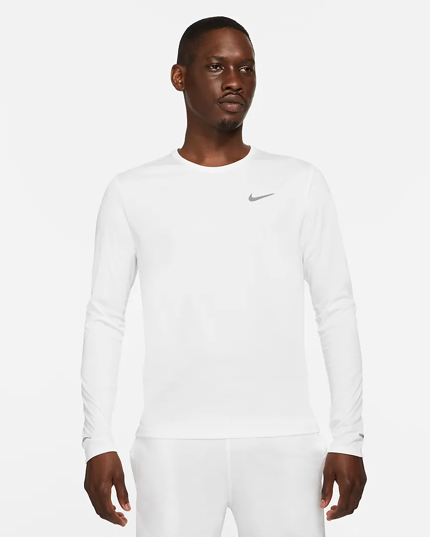 Nike Men's DRI-FIT Miler Long Sleeve Running Shirt - Moisture-Wicking, Breathable Workout Top (100% White) - Perfect for Jogging, Gym Training & Outdoor Sports