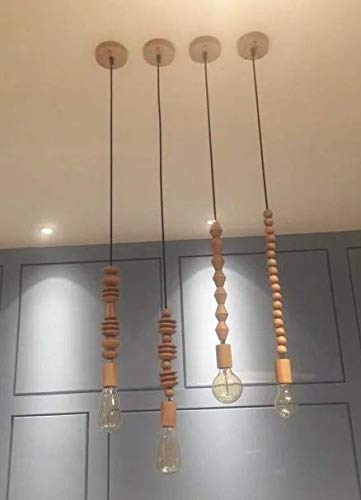 4-Pack Wood Beads Ceiling Pendant Lights - Rustic Farmhouse Wooden Hanging Chandelier for Dining Room, Kitchen Island, Bedroom & Living Room (Natural Wood Color)