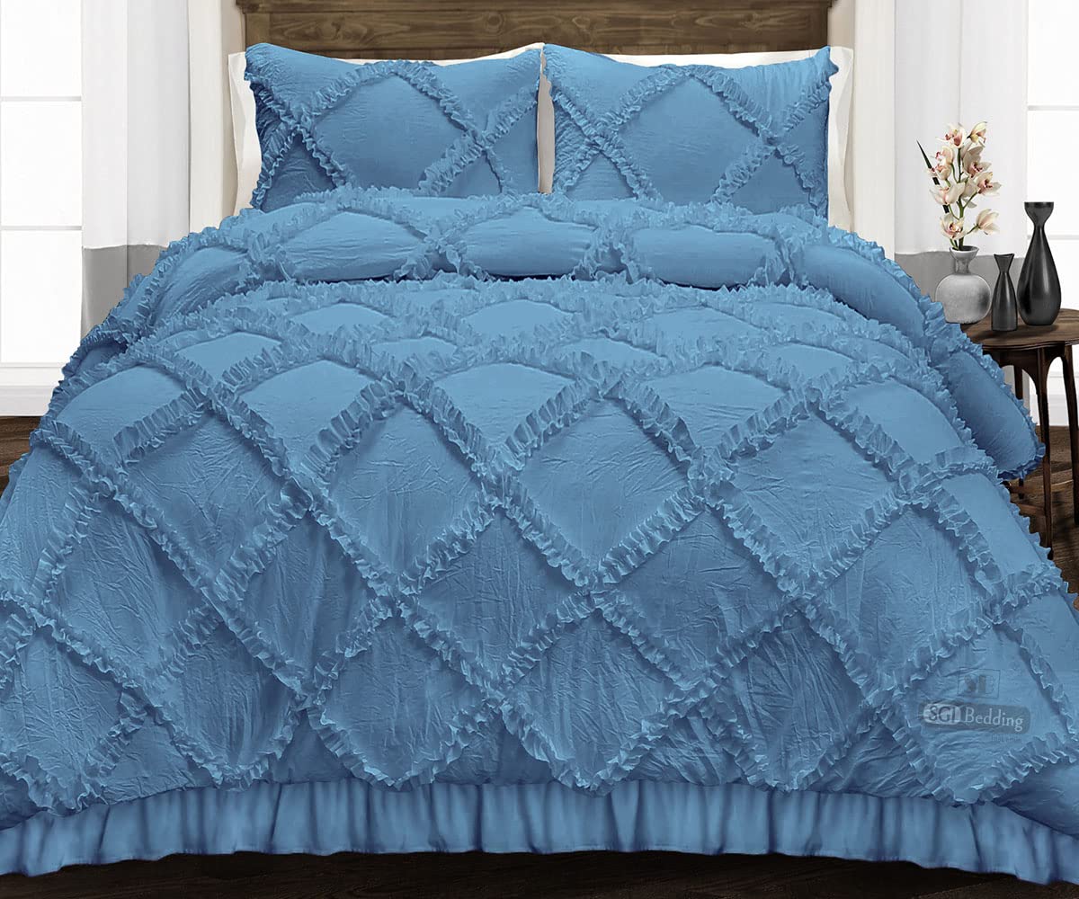 Luxury Twin Comforter Set - Diamond Ruffle Mediterranean Blue 300 GSM Plush Microfiber Duvet Insert with Pillowcases | Ultra Soft Siliconized Fill & Quilted Design for Bedroom Decor | Perfect for Guest Rooms, Dorms & Cozy Winter Nights