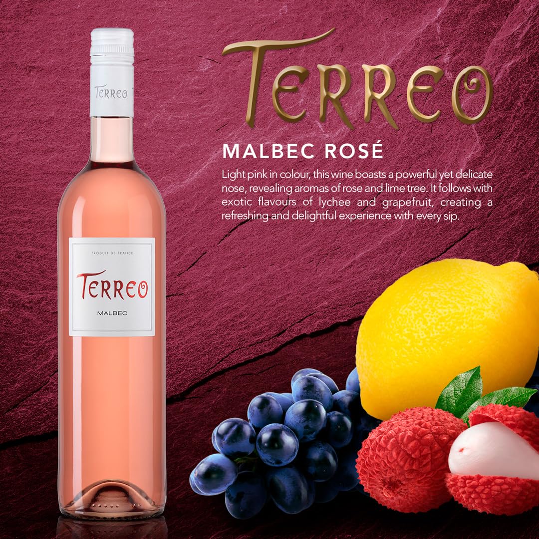 Premium Terreo Malbec Rosé French Wine - Exotic Lychee & Grapefruit Flavors | Perfect for Romantic Dinners, Summer Parties & Wine Gift Giving