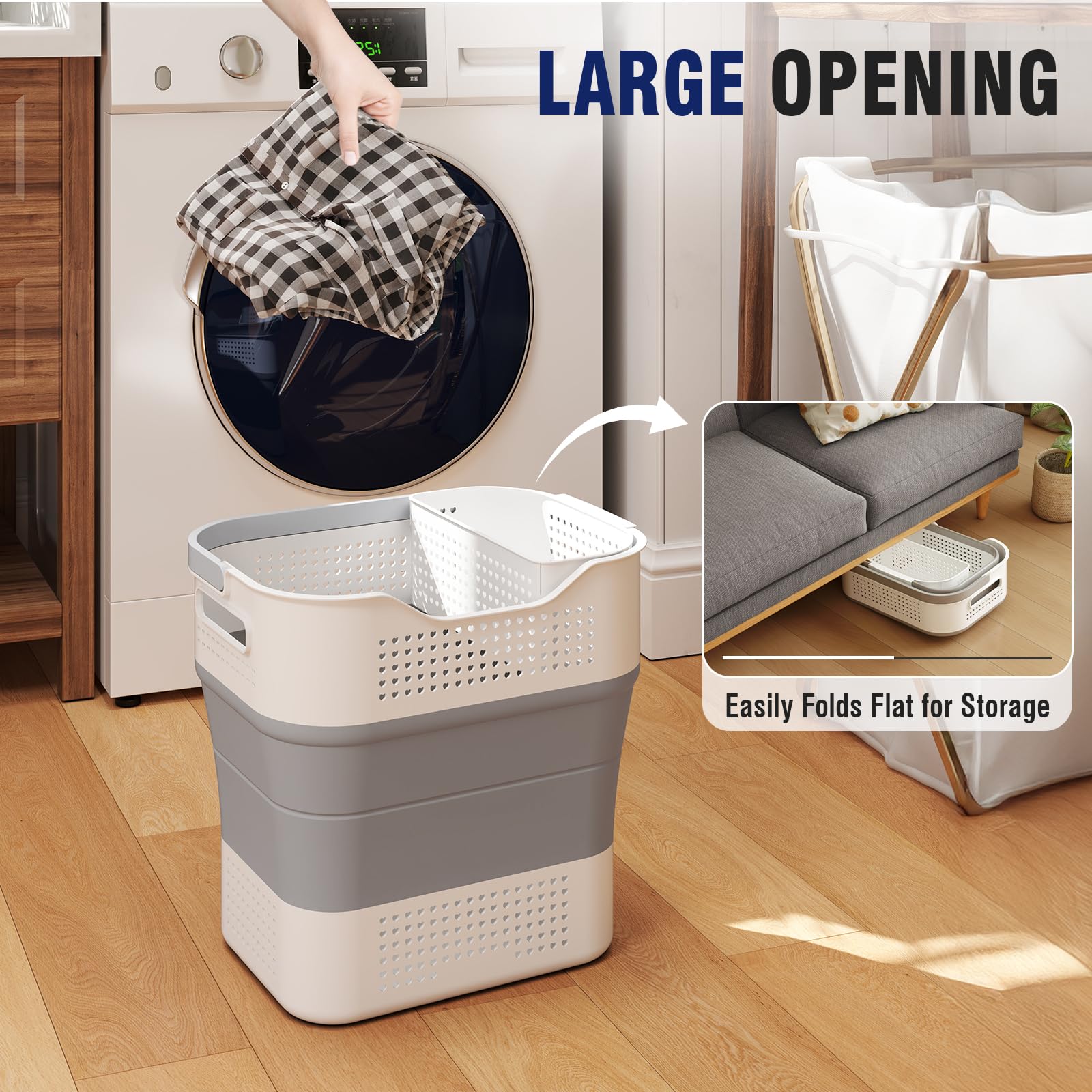 TECHMILLY Collapsible Plastic Laundry Basket with Handles - 43L (11.5 Gallon) Portable Foldable Clothes Hamper - Space Saving Storage Organizer for Laundry Room, Dorm, Camping & Travel - Grey